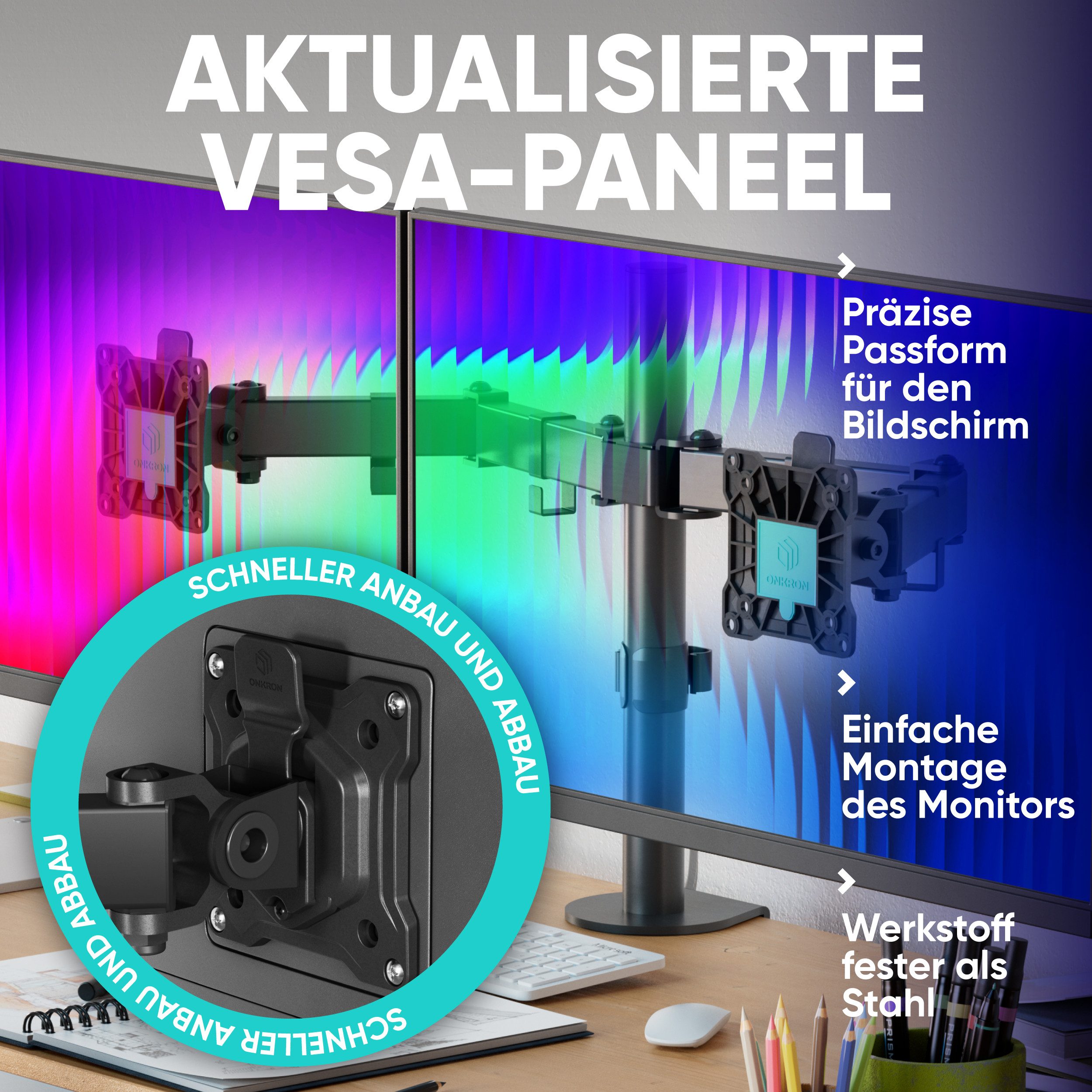 ONKRON Monitor-Halterung 13-32 Zoll, bis 8 kg pro Arm, VESA 75x75-100x100, D221E-B, (bis 32 Zoll, höhenverstellbar, schwenkbar, neigbar, drehbar, Kabelmanagemen – Bild 2 von 5