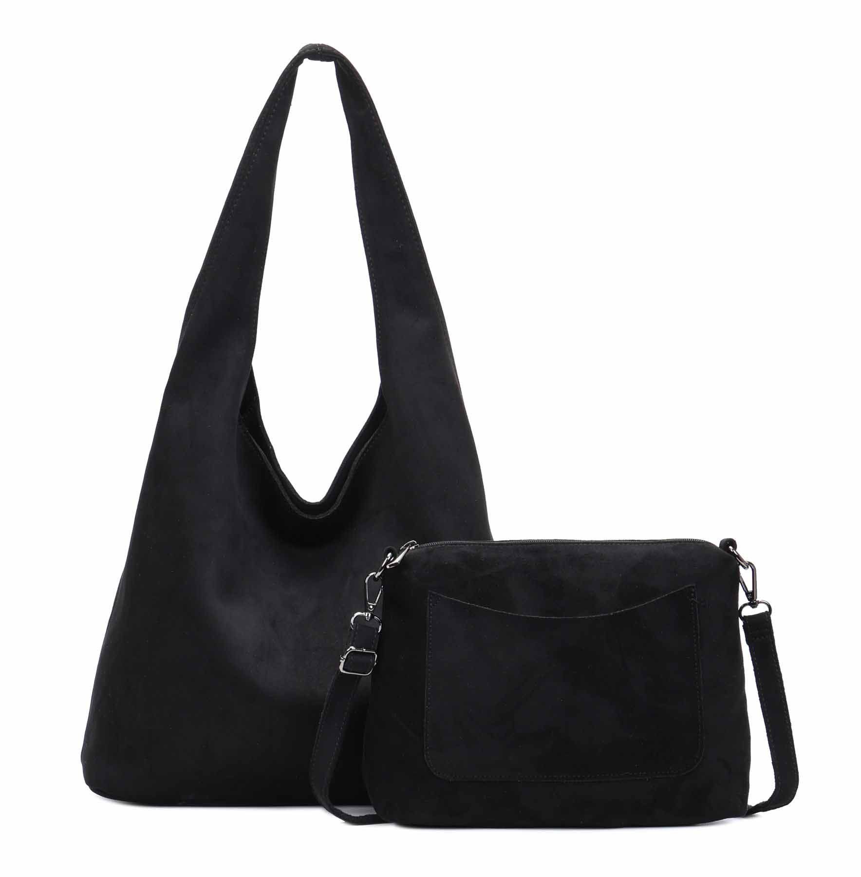 ITALYSHOP24 Schultertasche Damen Tasche Set 2in1 Shopper Handtasche Crossbody Velours CrossOver (Spar-Set 2 in1 Hobo + Crossbody Bag / Schmucktasche, Leichtgewicht, Wildleder Optik), Hobo Bag Umhängetasche Body Bag Beuteltasche Workbag Freizeit Urlaub