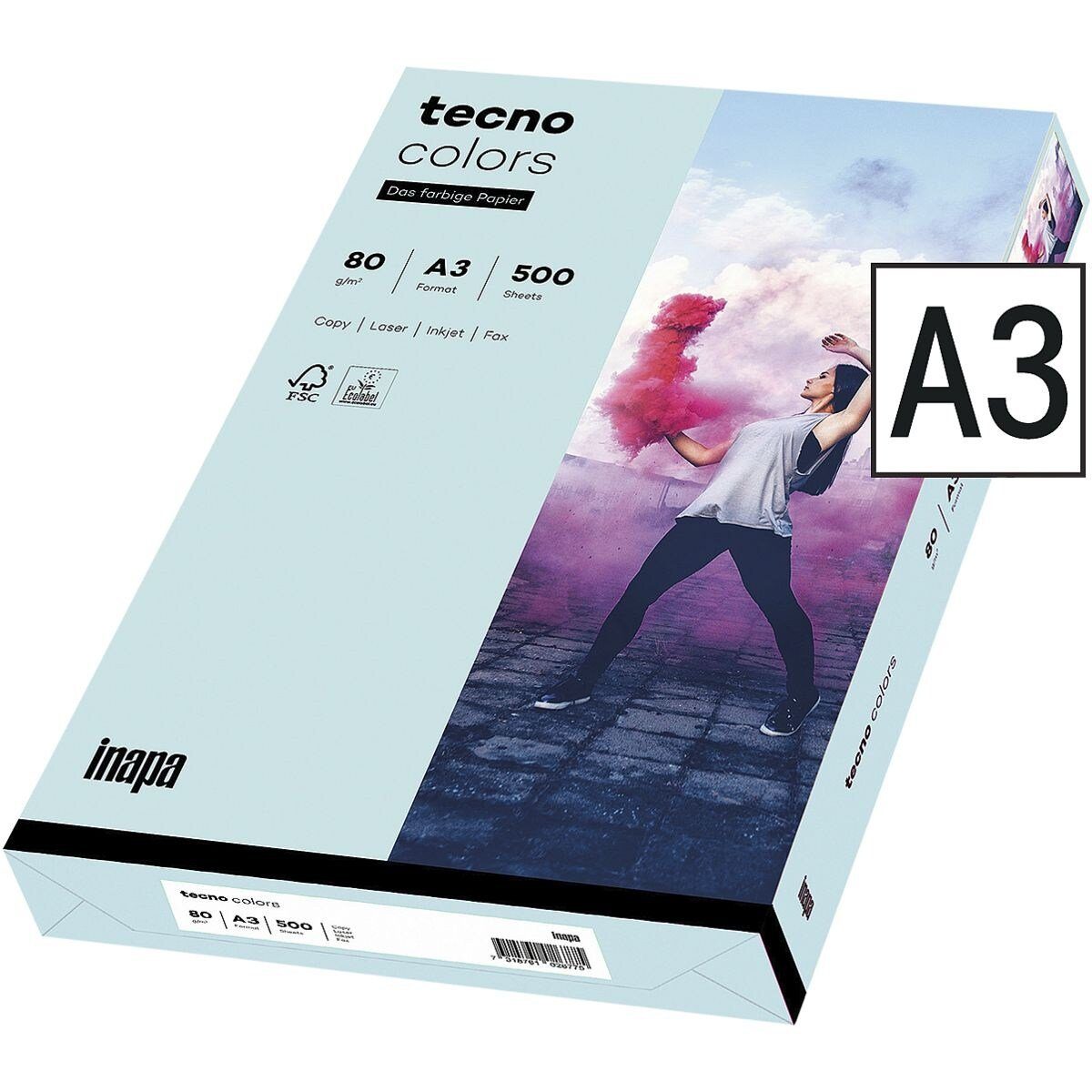 Inapa tecno Drucker- und Kopierpapier Rainbow / tecno Colors, Pastellfarben, Format DIN A3, 80 g/m², 500 Blatt hellblau