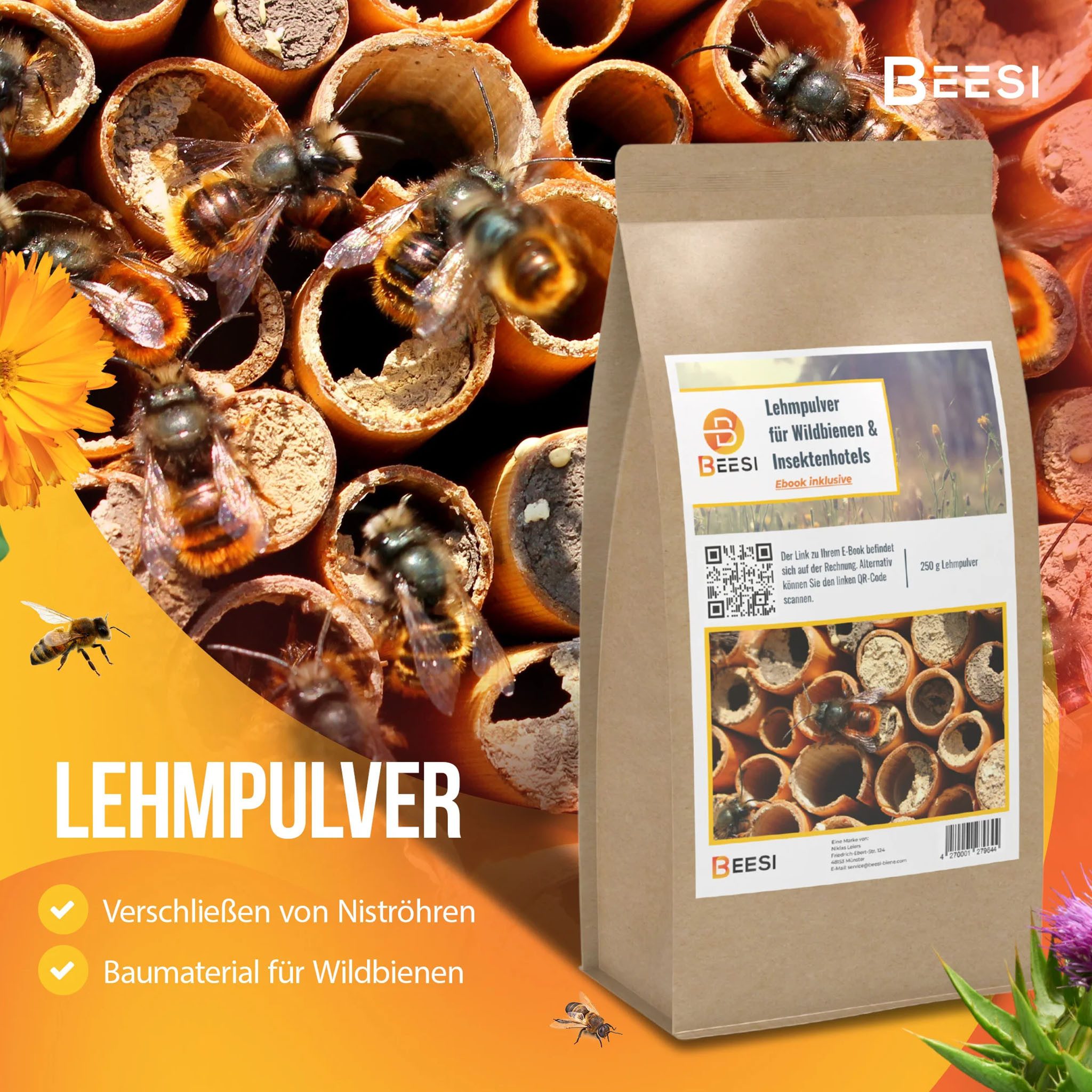 BEESI Insektenhotel 2000g Lehmpulver für Wildbienen, (Packung, 1-St., Füllmaterial für Bienenhotel und Insektenhotel)