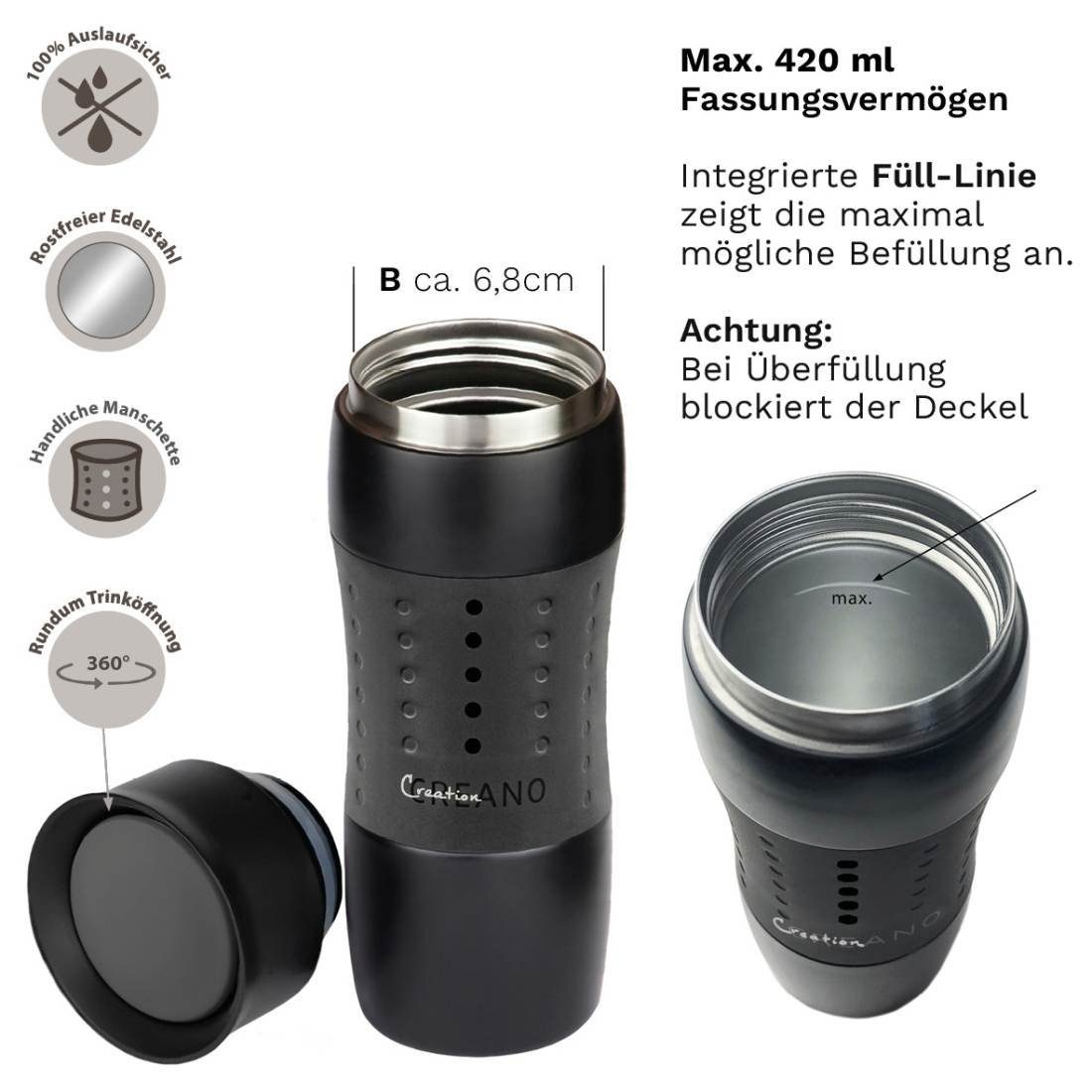 Creano Thermoflasche Design Mug Reinigung Öffnung 420ml, für Travel einache abnehmbare