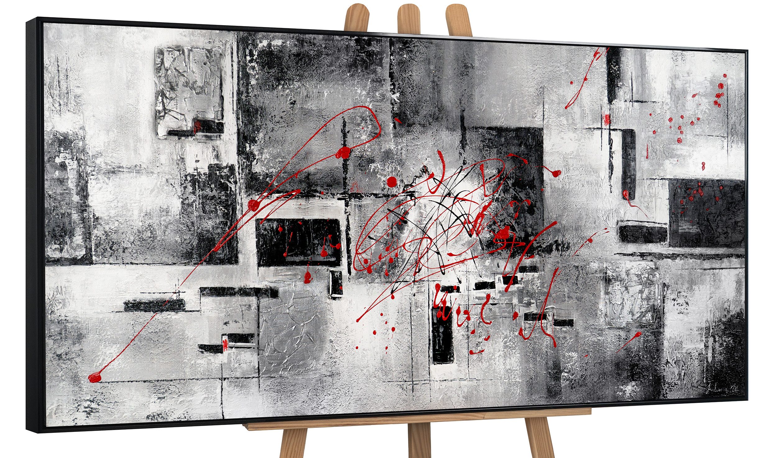 YS-Art Gemälde Courage, Abstrakt, Abstraktes auf Leinwand Bild Handgemalt Schwarz Weiß Rot