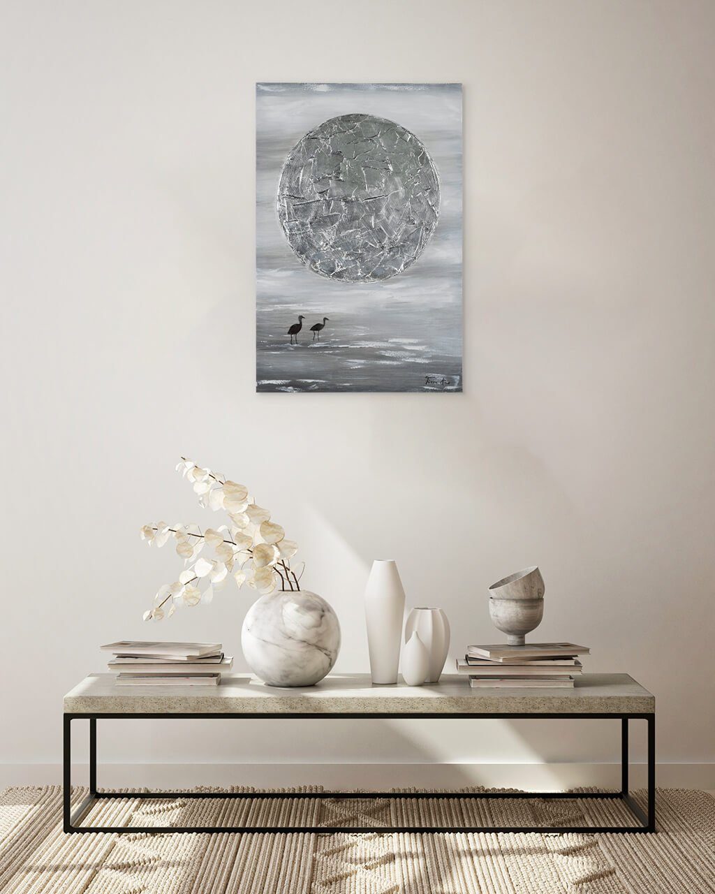 Wohnzimmer Leinwandbild 100% KUNSTLOFT Silver cm, Moon Gemälde Wandbild 60x90 HANDGEMALT