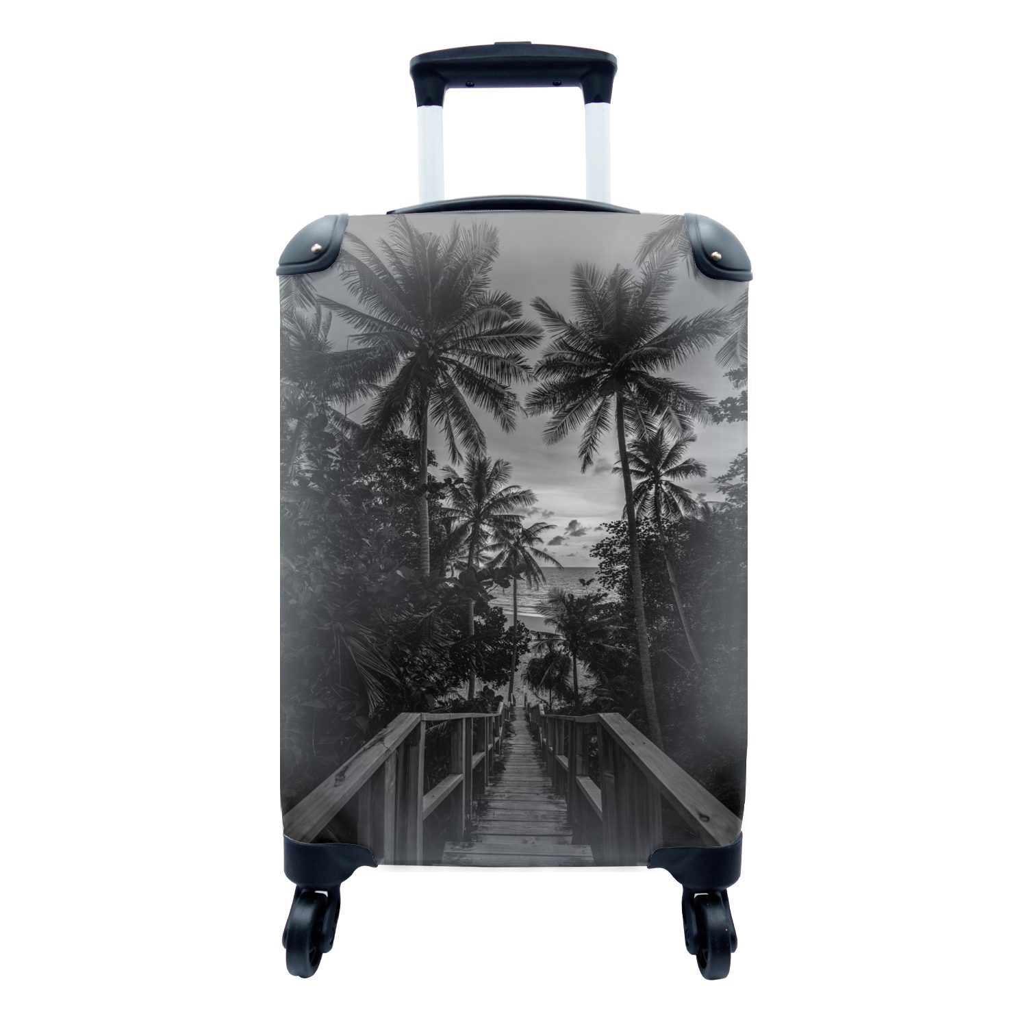 MuchoWow Handgepäckkoffer Sonnenuntergang mit Palmen in Phuket - schwarz und weiß, 4 Rollen, Reisetasche mit rollen, Handgepäck für Ferien, Trolley, Reisekoffer