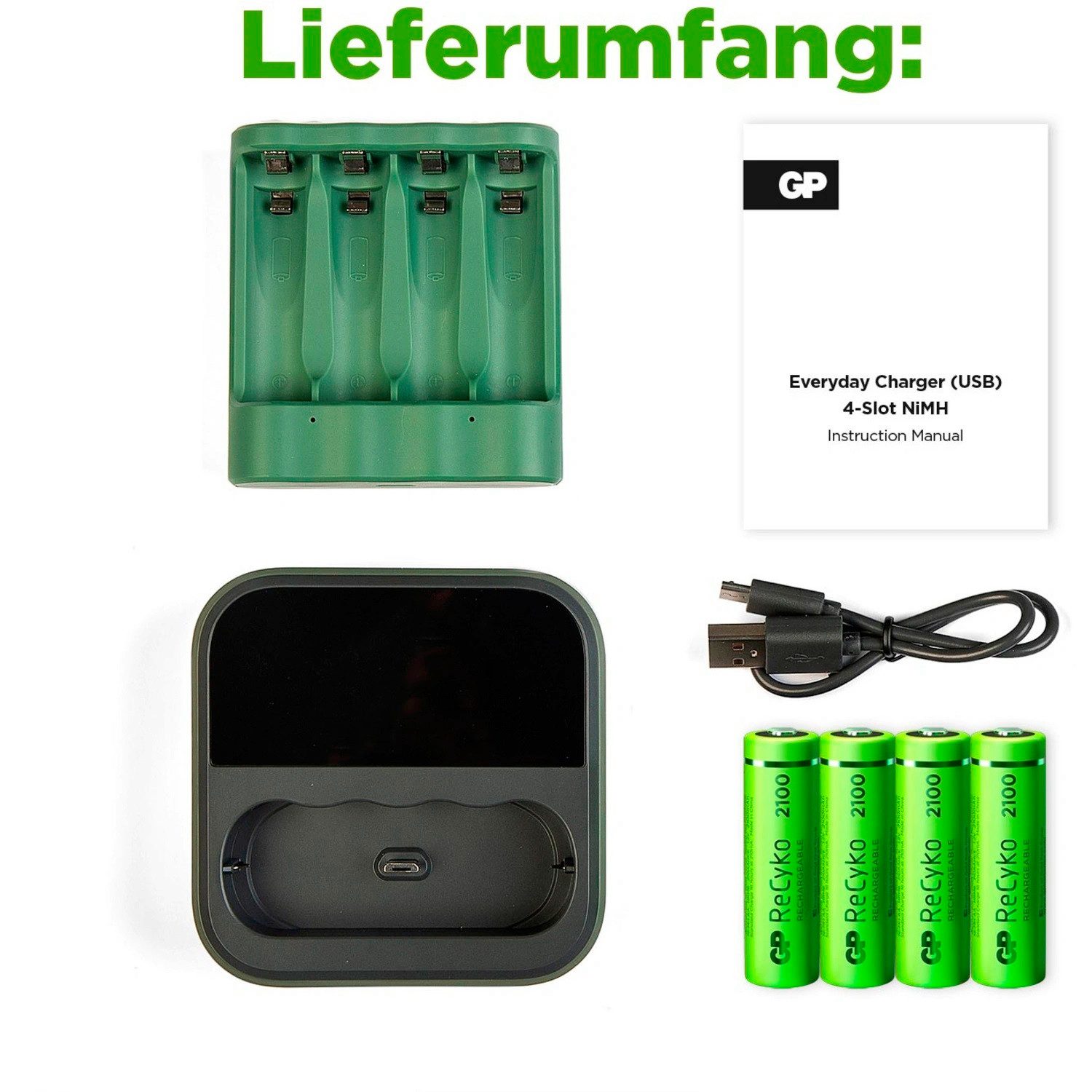 GP Batteries USB Docking Akku-Ladegerät AA / AAA + 4x AA-Akku Akku-Set Mignon 2100 mAh (1,2 V, 6 St), Dock Lader D451 + Ladeeinheit B421 4x AA 2100mAh Mignon LR06 Batterie