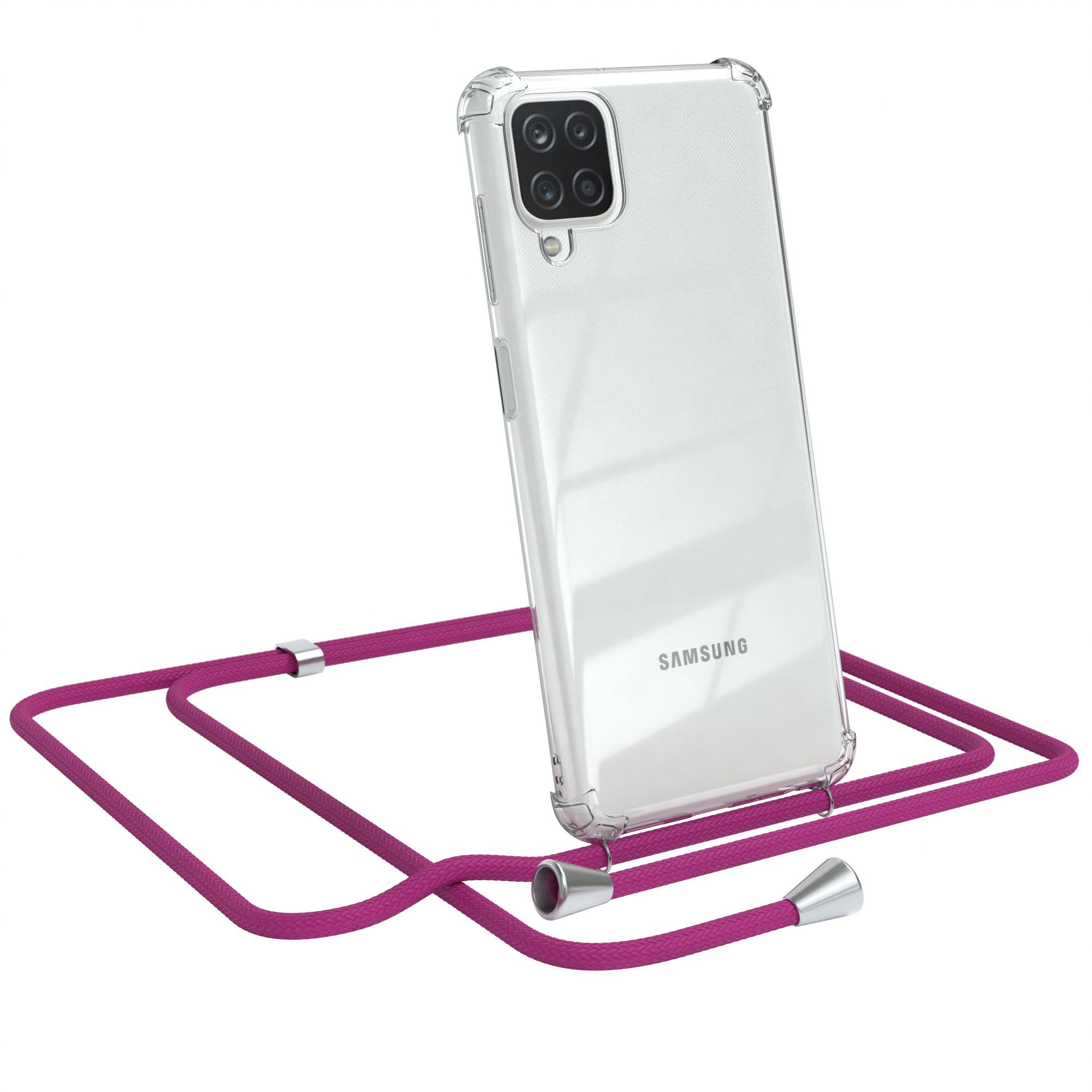 EAZY CASE Handykette Hülle mit Kette für Samsung Galaxy A12 6,5 Zoll, Handykordel Slimcover mit Umhängeband zum Umhängen Pink / Clip Silber