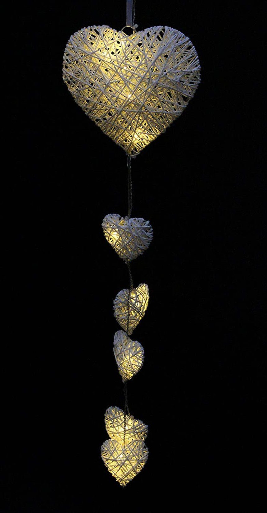 Dekoleidenschaft Dekohänger mit 6 beleuchteten Herzen in weiß 65 cm hoch, LED Leuchtdeko, Wanddeko, Leuchtdeko, Hängedeko, Fensterdeko hängend, Weihnachtsdeko, Türdeko