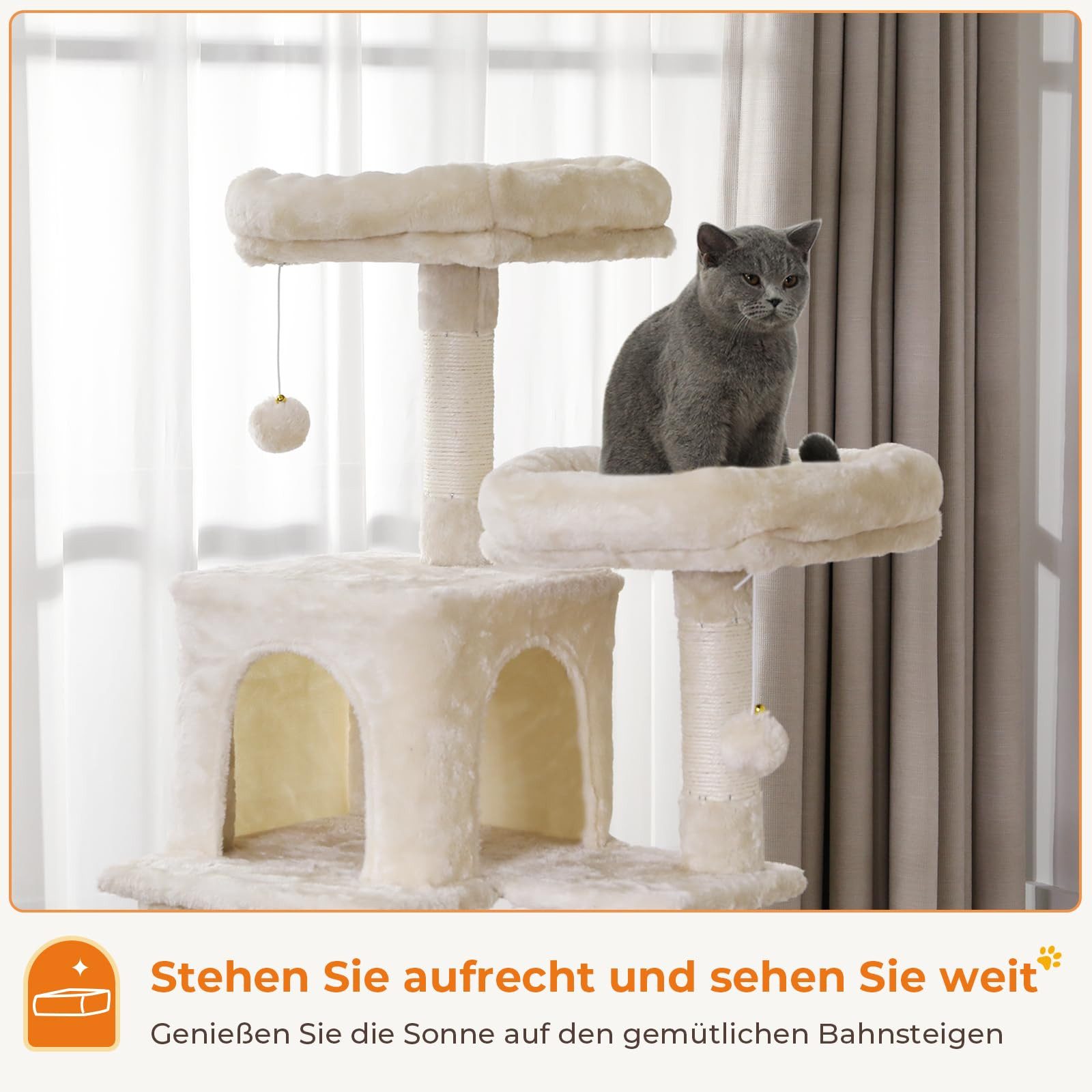 MSMASK Kratzbaum groß, Mehrstöckiger Katzenbaum Stabil, mit 2 Plattformen, 2 Katzenhöhle, 1 Hängematte, Sisalpfosten