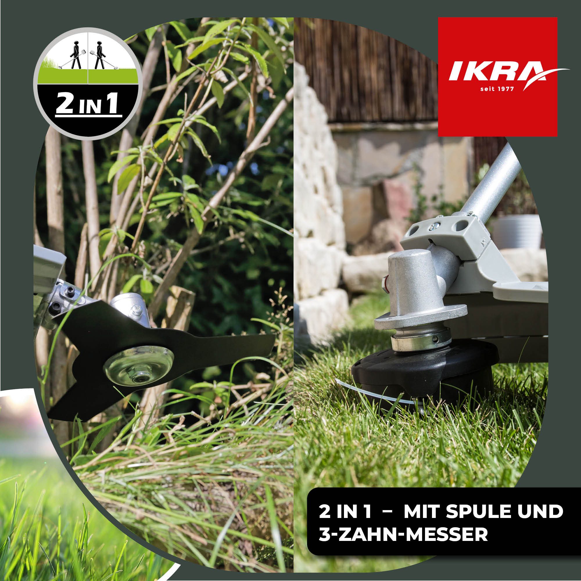 ikra GmbH Elektro-Motorsense IES 1000 C, 23 cm cm Arbeitsbreite Messer, 37 cm cm Arbeitsbreite Faden, mit 2 Fadenspules, 3-Zahn-Messer, Schultergurt & Schutzbri – Bild 4 von 5