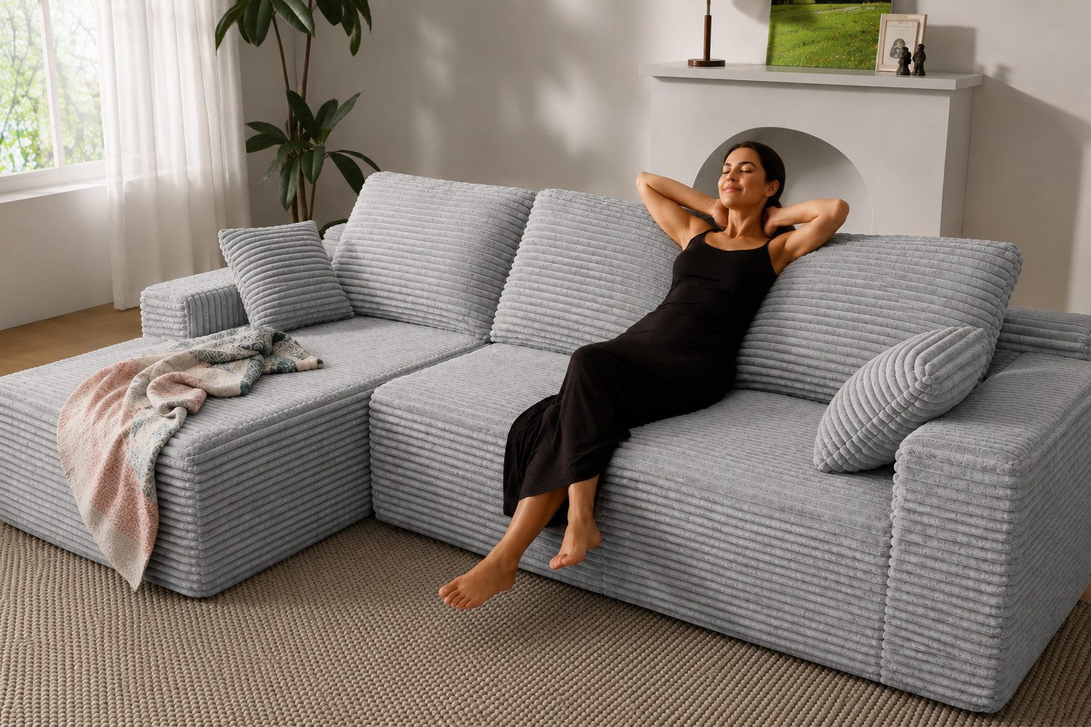 Patbrela Ecksofa Couch L-Form 263cm, Sofa Links Samtstoff Vierersofa mit Liegefläche, keine Montage erforderlich