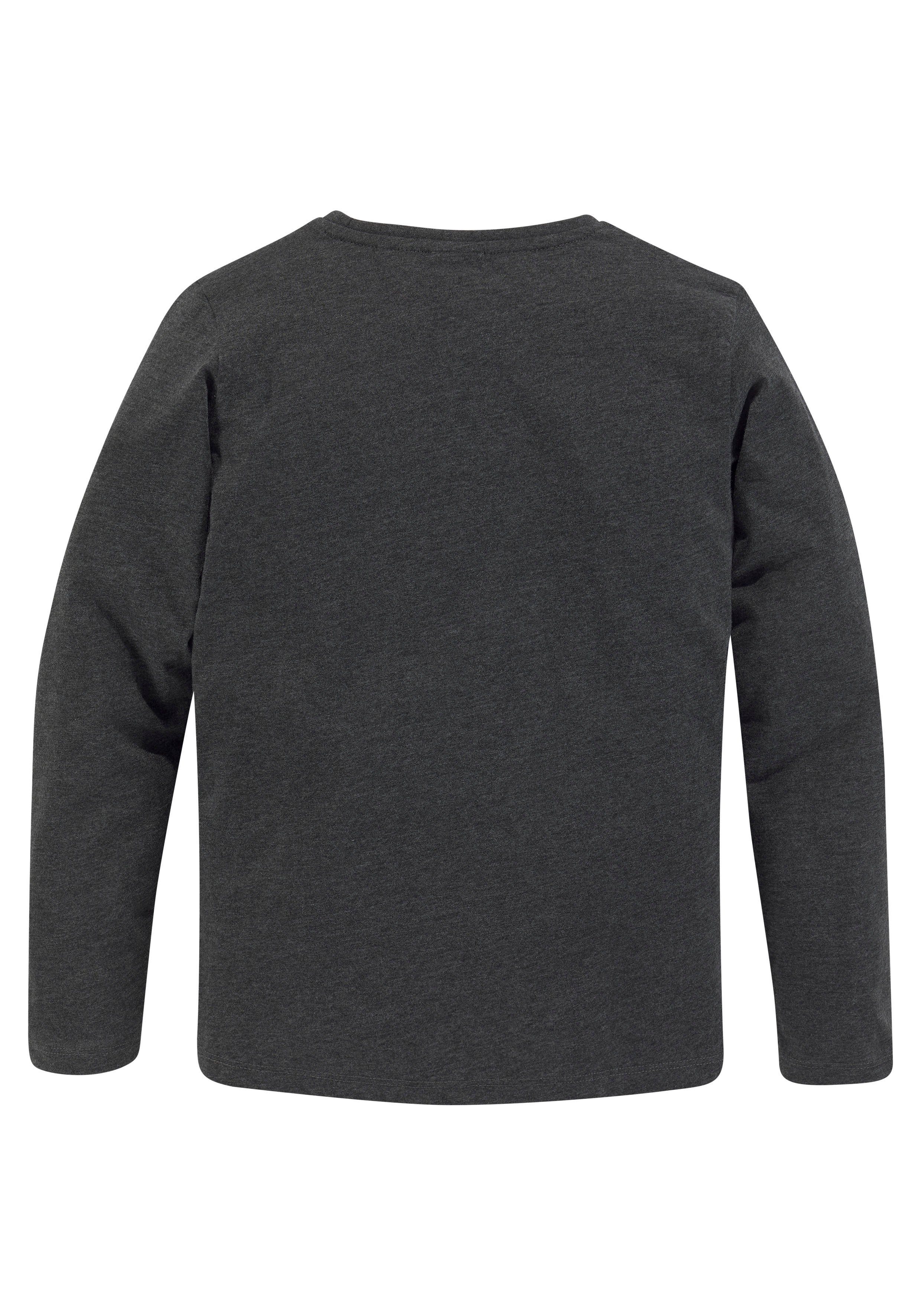 KIDSWORLD Langarmshirt ZU FRÜH, ZU MÜDE, ZU MONTAG Langarm, Basic-Passform, mit stylischem Druck, Rundhalsausschnitt