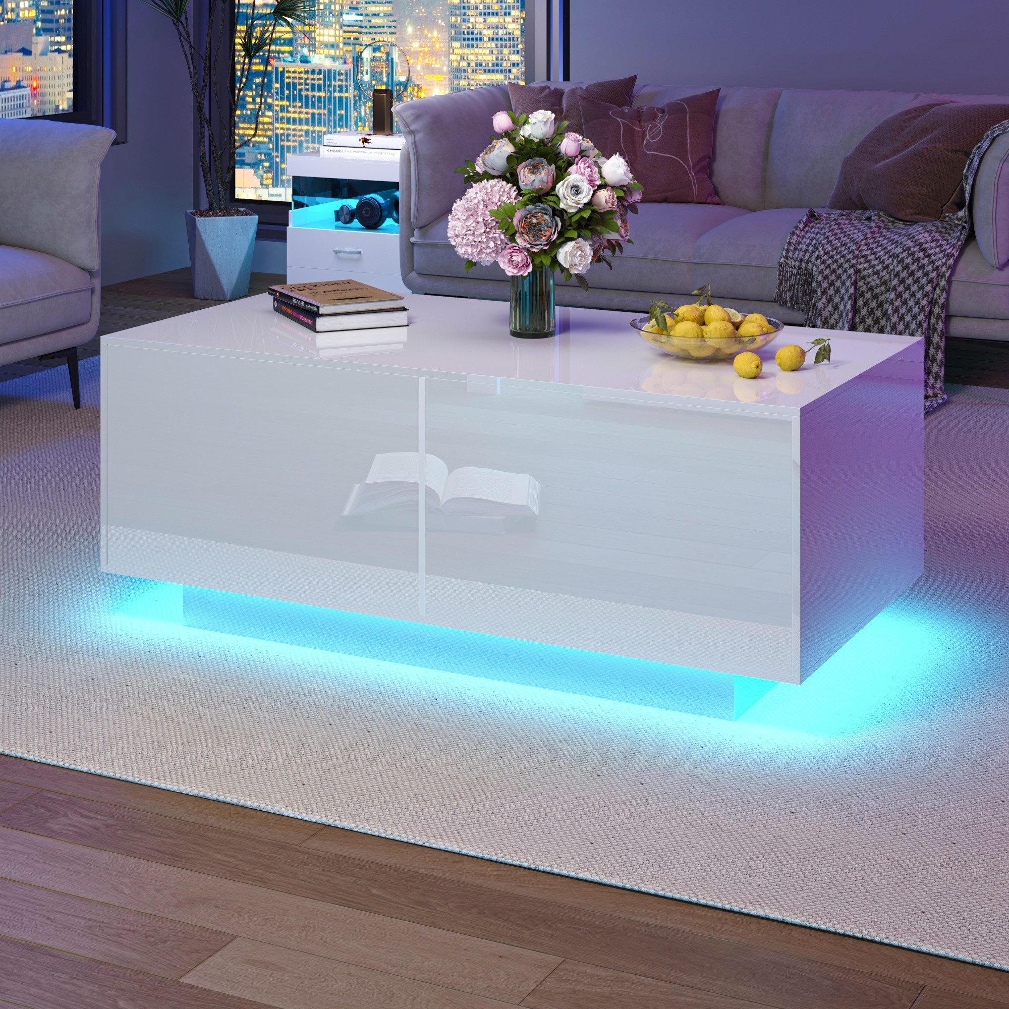 Hyaapwod Couchtisch Hochglanz-Couchtisch mit Schublade und offenem Fach (1-St), mit LED-Beleuchtung, Weiß