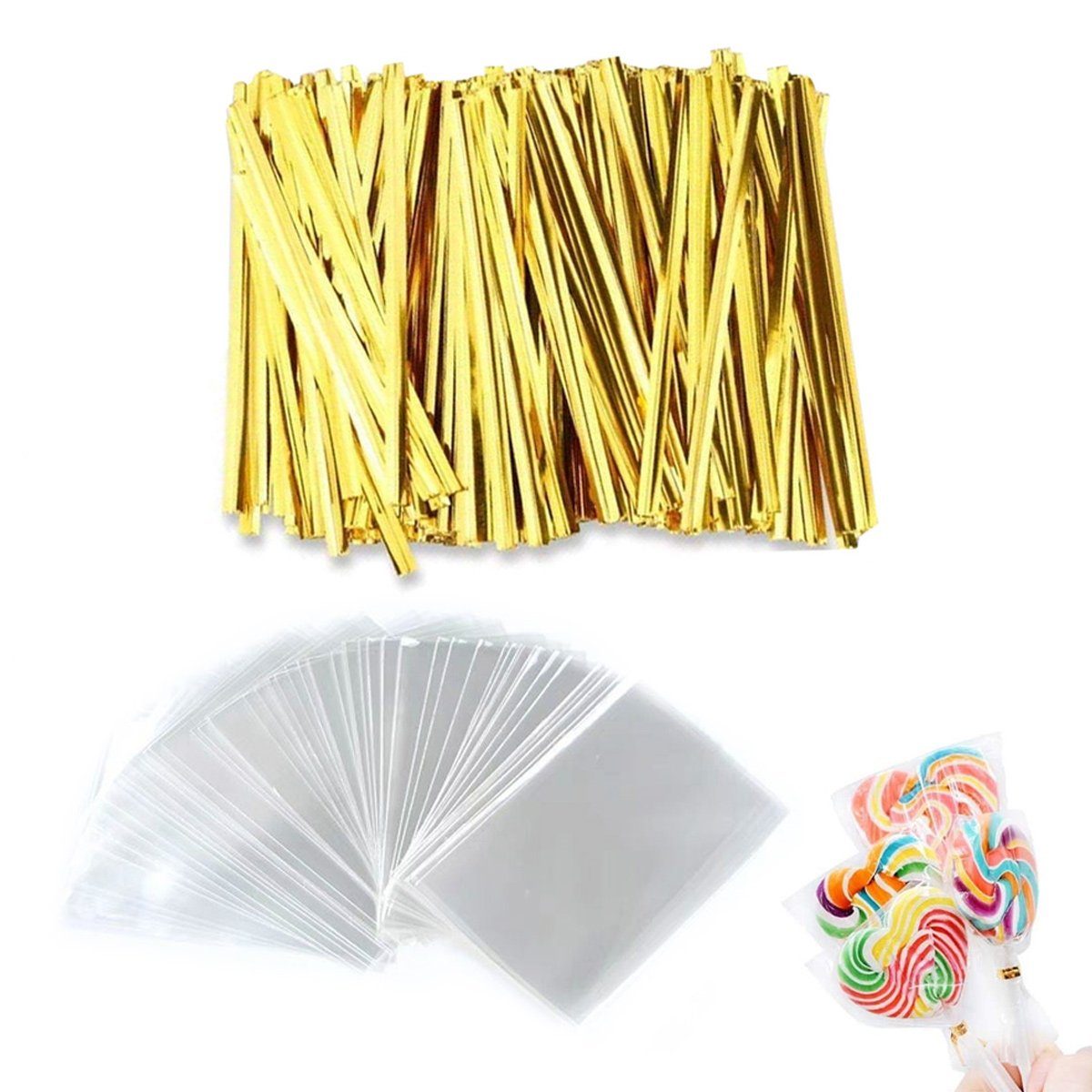 Juoungle Geschenkpapier 300 Stück Cake-Pop-Tüten, 10 x 15 cm, Zellophanbeutel mit Bindebändern