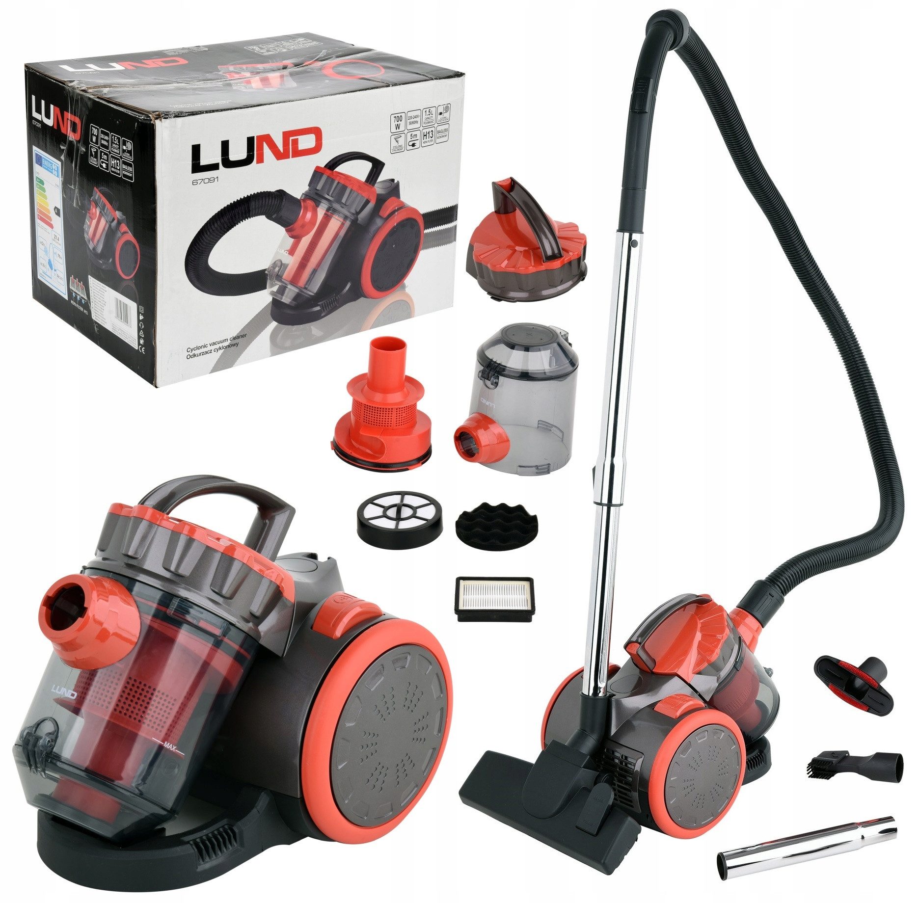 Lund Handstaubsauger Staubsauger 700W, Beutellos mit 3 Bürsten, HEPA-Filter 33x23x26cm, 700 W, beutellos, kompakt