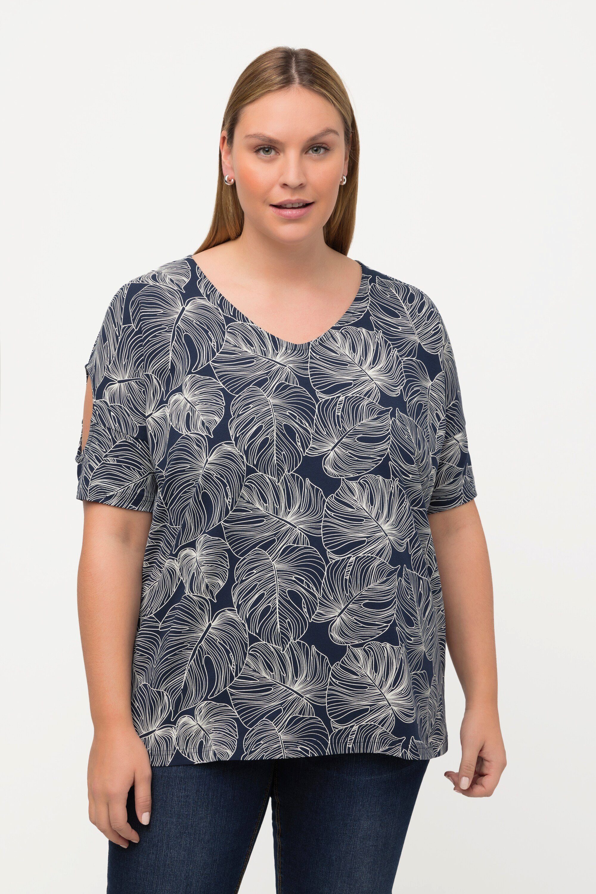 Ulla Popken Rundhalsshirt T-Shirt Palmen Oversized V-Ausschnitt Halbarm mattes nachtblau