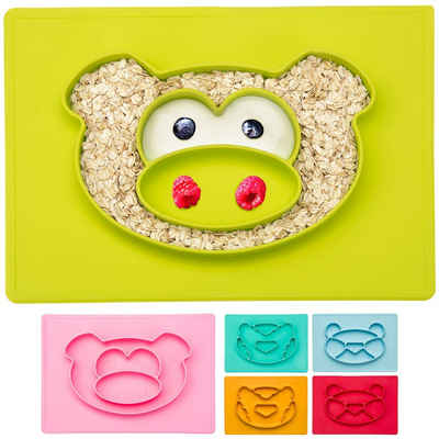 all Kids United Kindergeschirr-Set Happy Face Mat Kinder-Teller, Silikon, Baby Essmatte Essunterlage