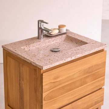 Tikamoon Waschtisch Edgar Badezimmerschrank aus massivem Teakholz und Terrazzo Pink 60 cm