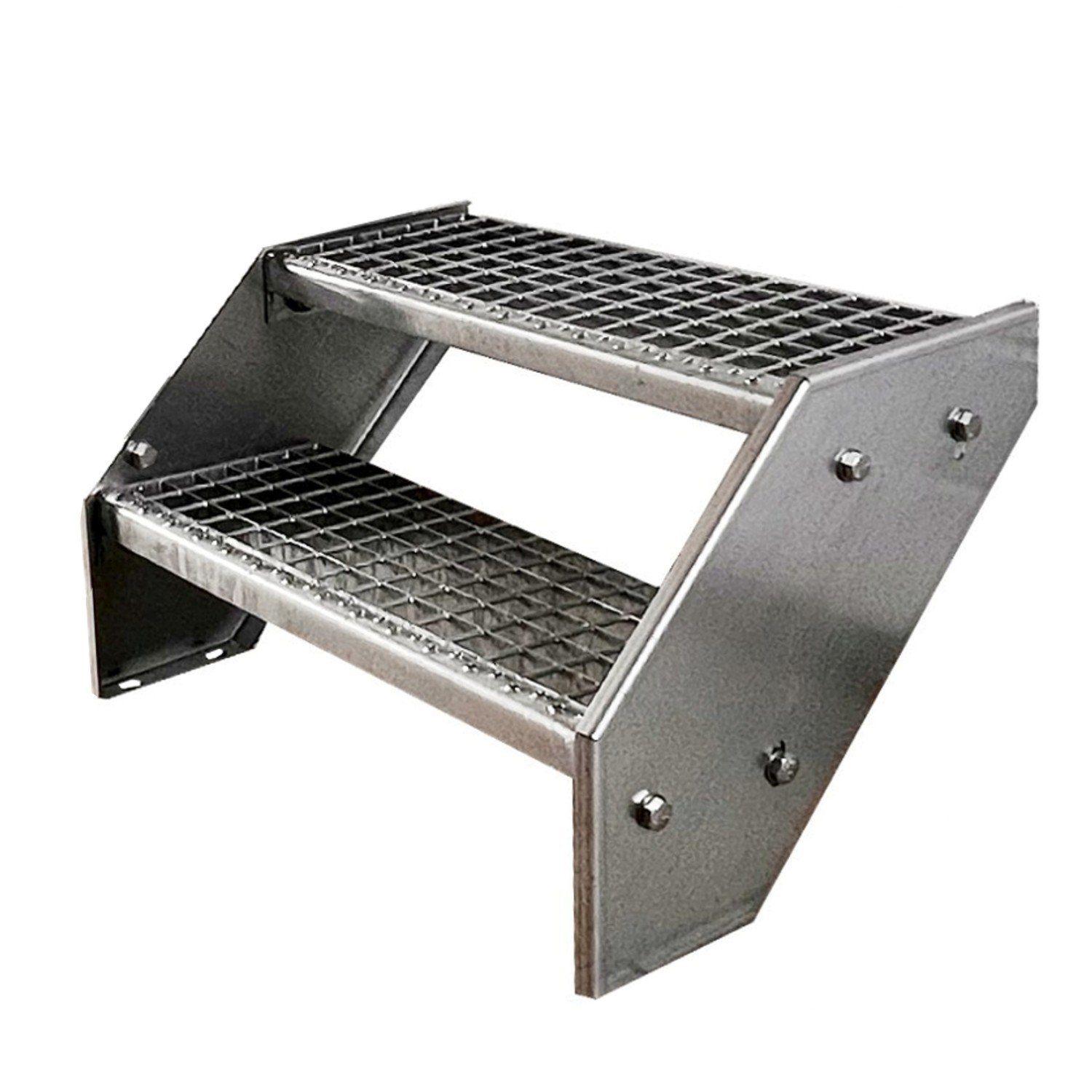 Kaminbau Mierzwa Außentreppe Premium Treppe Verzinkt mit und ohne Geländer, für Geschosshöhen bis 38.00 cm, Stufen Gitterroststufen nach DIN 24531, (Höhe 38 cm, Stufenbreite und Geländerart wählbar), Gartentreppe Stahltreppe Wetterfest Rostfrei Feuer-Verzinkt Rutschfest