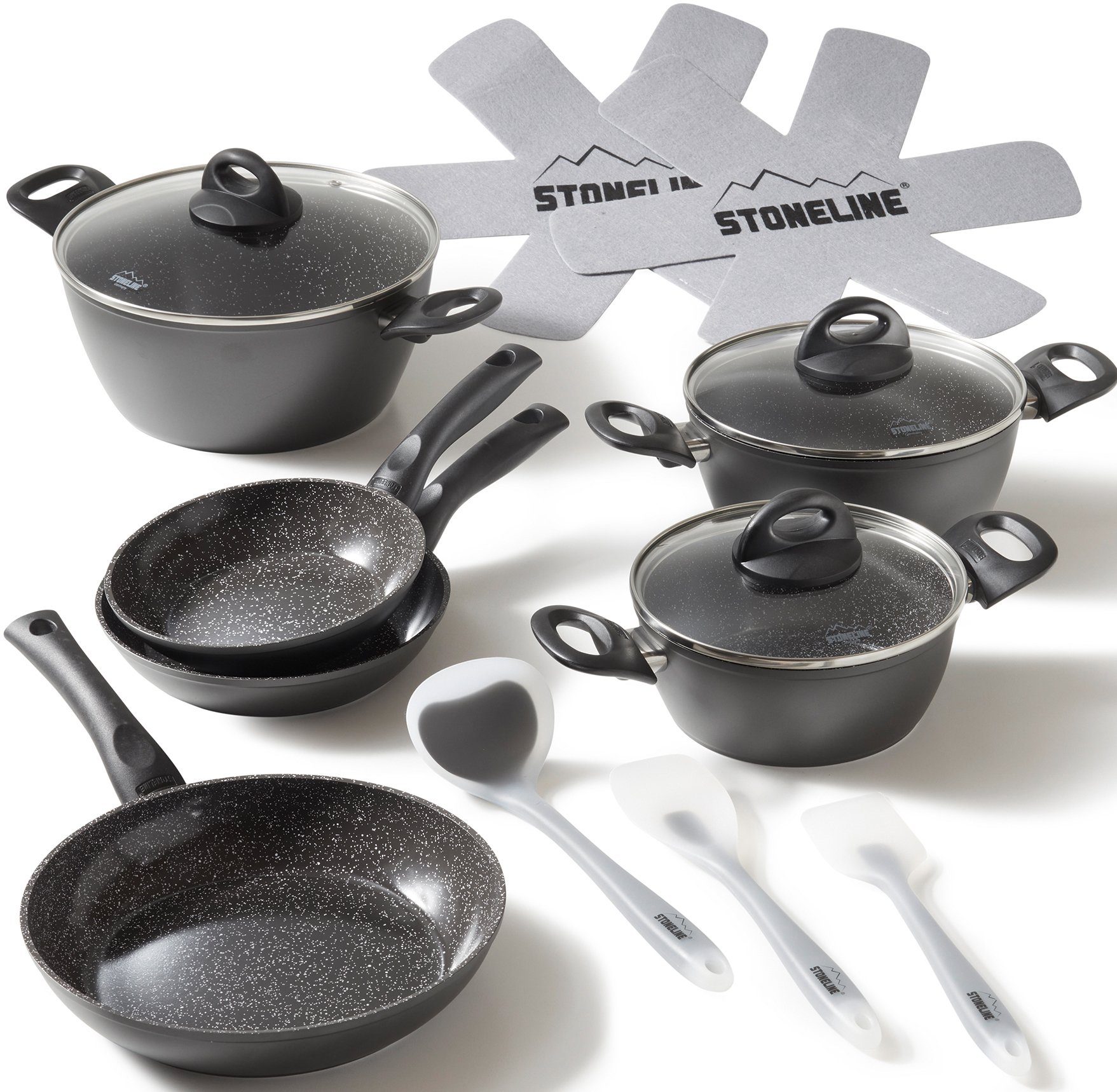 STONELINE Topf-Set, Aluminium (Set, 14-tlg., Bratentopf 22 cm, je 1 Kochtopf 18/20 cm, je 1 Bratpfanne 16/20/24 cm), …