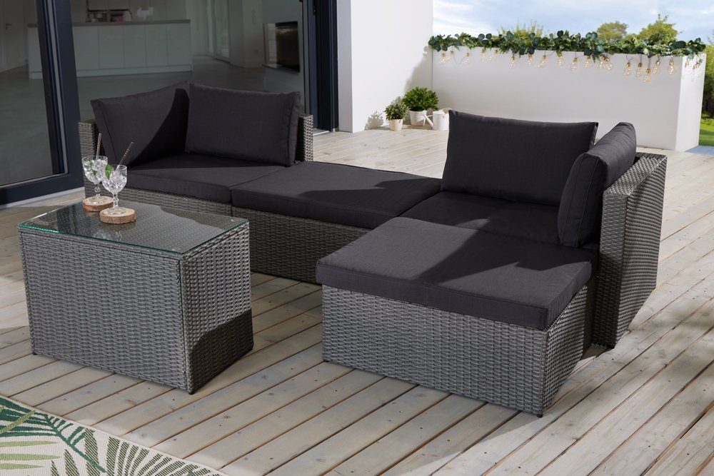 riess-ambiente Loungeset XXL MODULAR grau - Rattan, Stahl, Glas, Sessel, Tisch, Hocker, Outdoor, (Set, 5-tlg), wetterfeste Gartenmöbel & waschbarer Bezug - ideal für Terrasse/Balkon