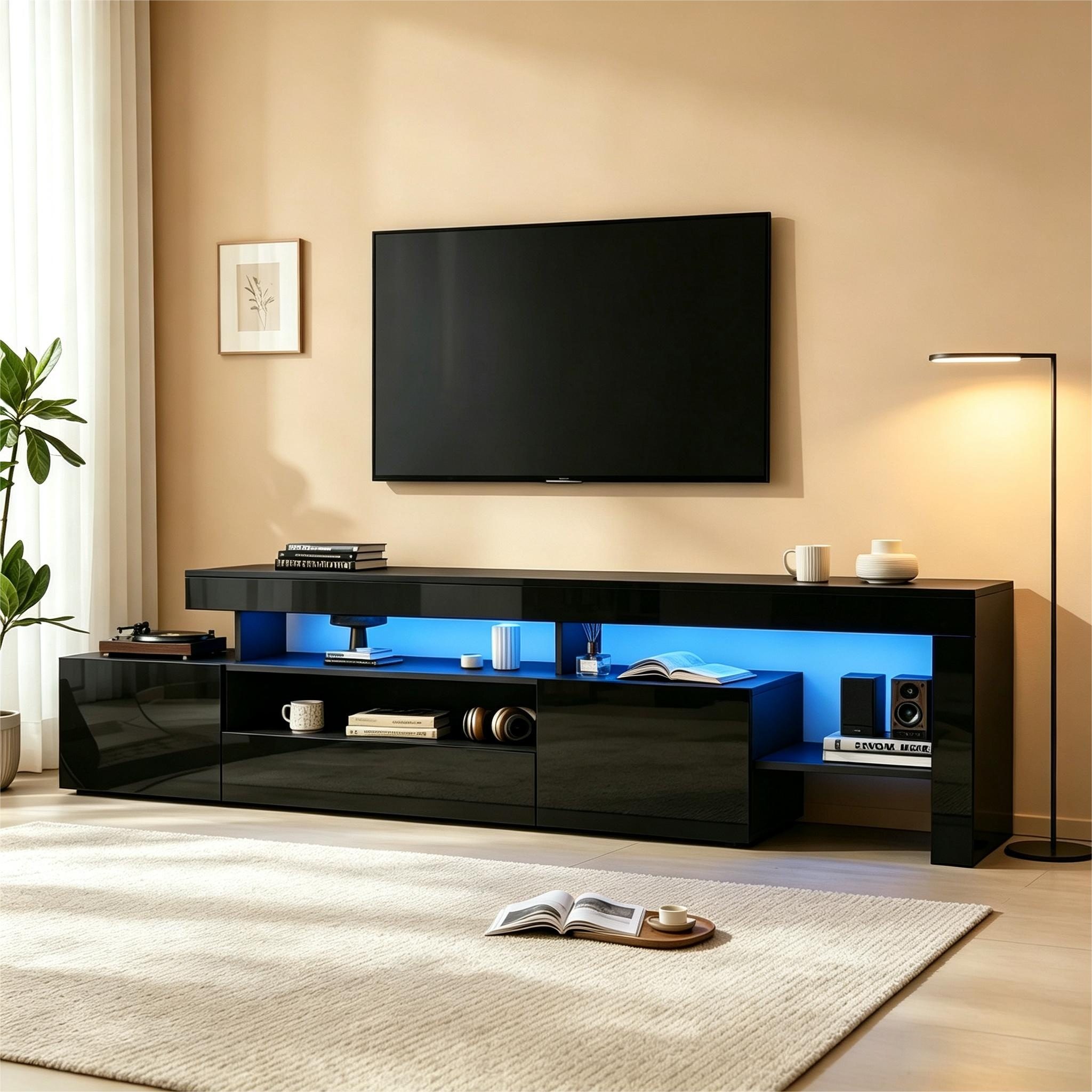 Merax Lowboard mit LED-Beleuchtung (1 St), TV-Schrank Fernsehschrank mit 3 Klapptüren, Hochglanzfront,192x37x53cm