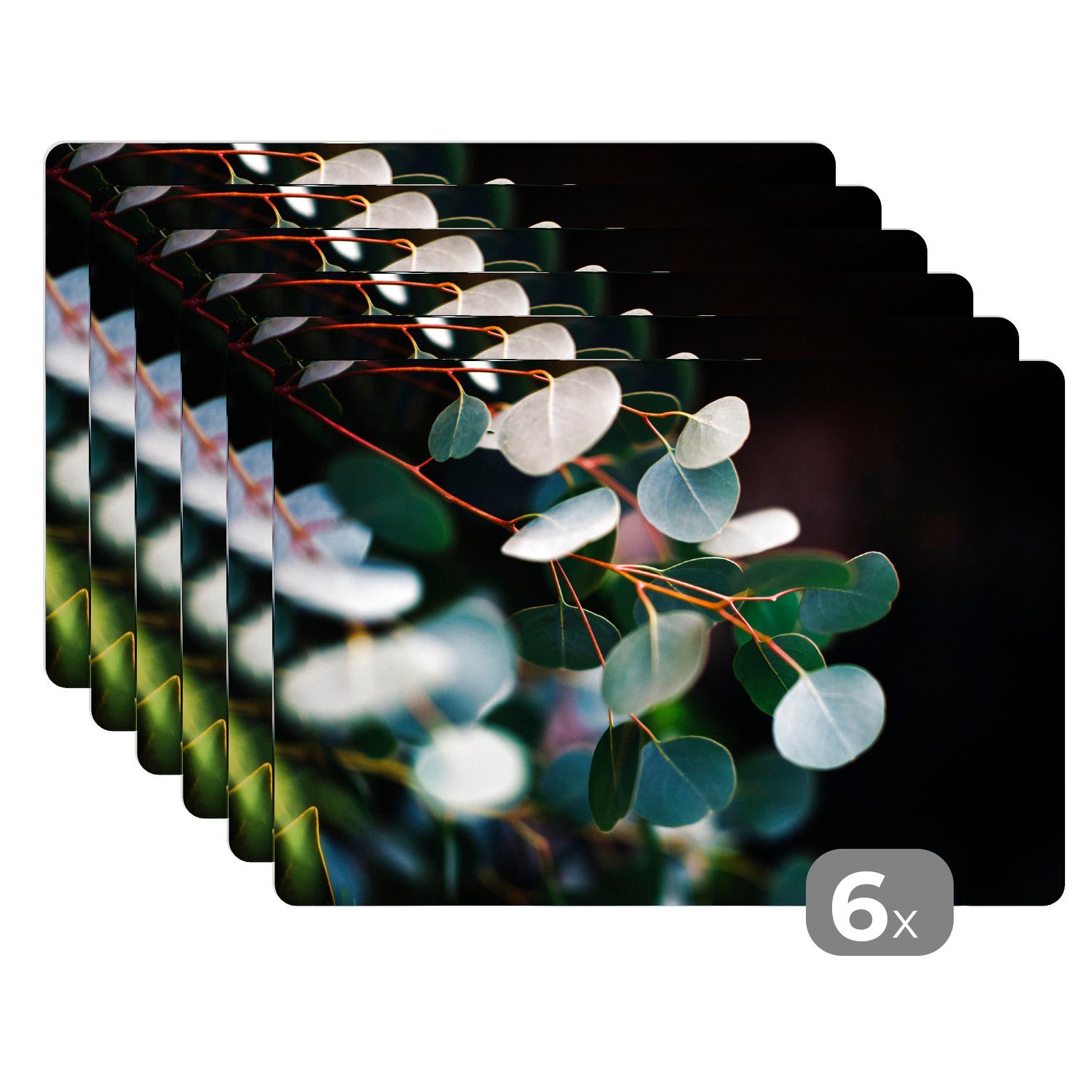 Platzset, Eukalyptusblätter auf Zweigen, MuchoWow, (6-St), Platzset, Platzdecken, Platzmatte, Tischmatten, Schmutzabweisend