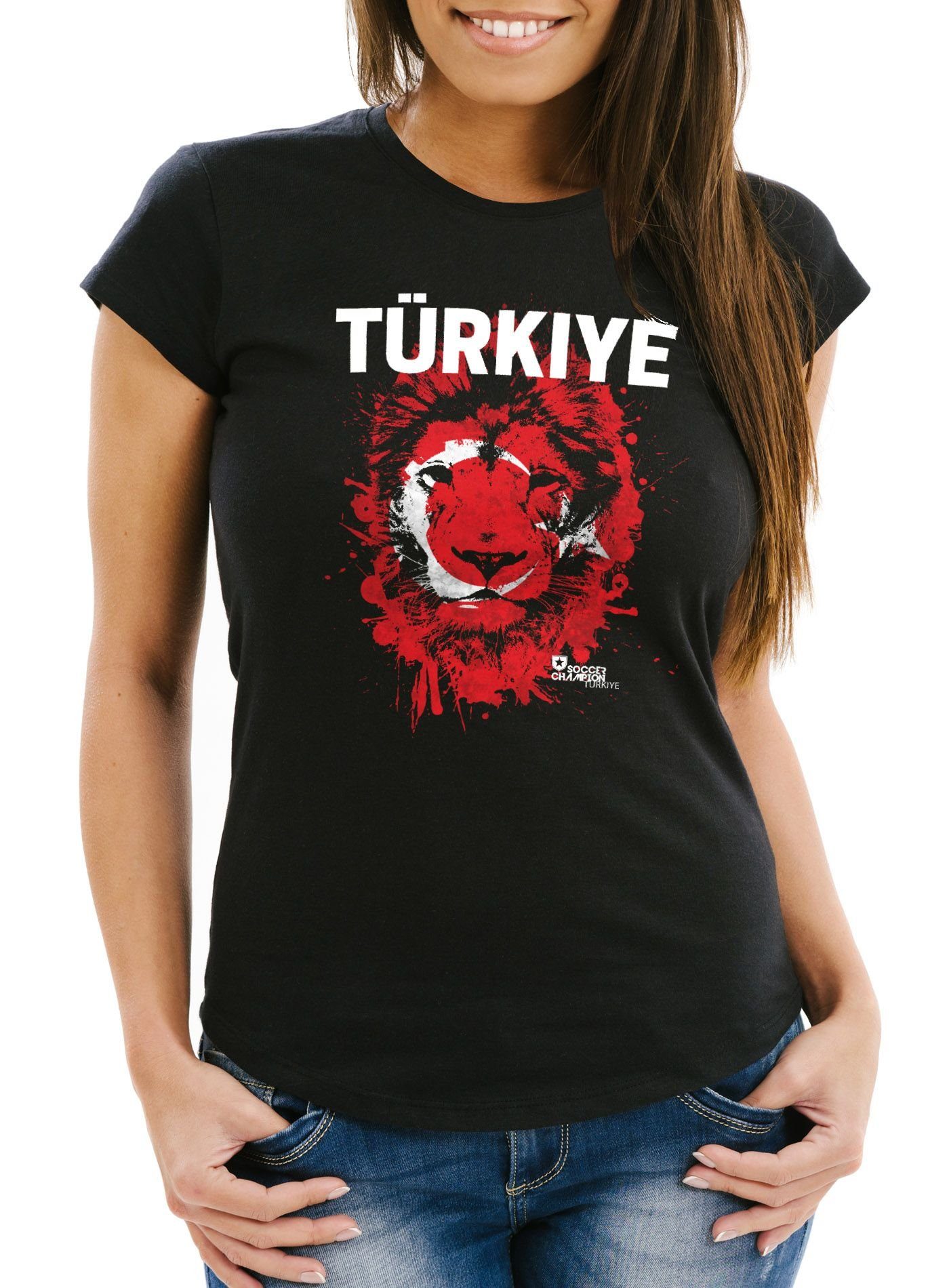 Print-Shirt Damen T-Shirt Fanshirt Türkei Türkiye Turkey Fußball EM WM Löwe