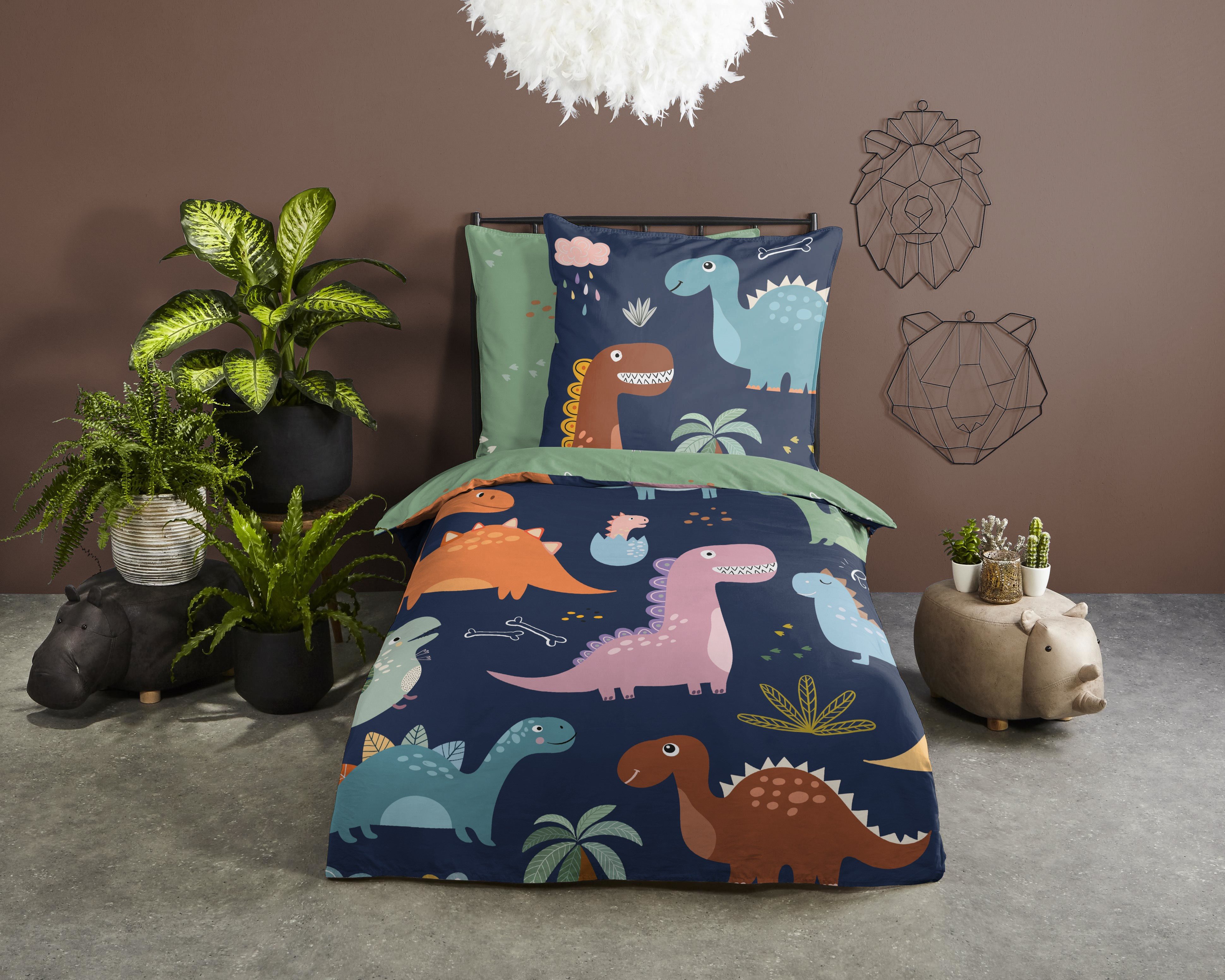 PURE luxury collection Kinderbettwäsche Terra, Microfaser, 2 teilig, Mikrofaser, 135x200, 2 Teilig, Wendeoptik, Kind, Junge, Dino