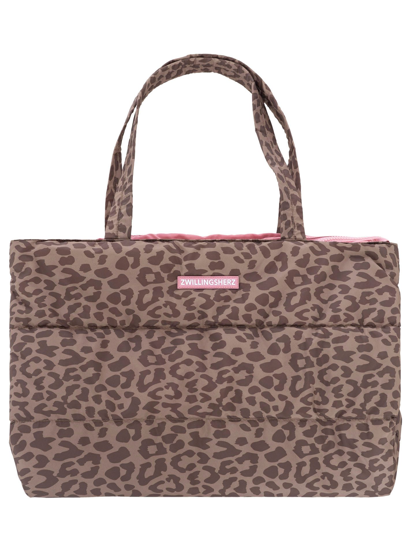 Zwillingsherz Shopper "Leo allover", allover Animalprint, pinkes Logo, langer Schulterriemen, geräumig