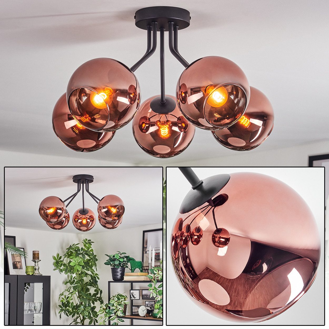 hofstein Deckenleuchte Deckenlampe aus Metall/Glas in Schwarz/Kupferfarben, Deckenleuchte im Retro/Vintage-Design (Schirme Ø 15 cm), 5 x E14