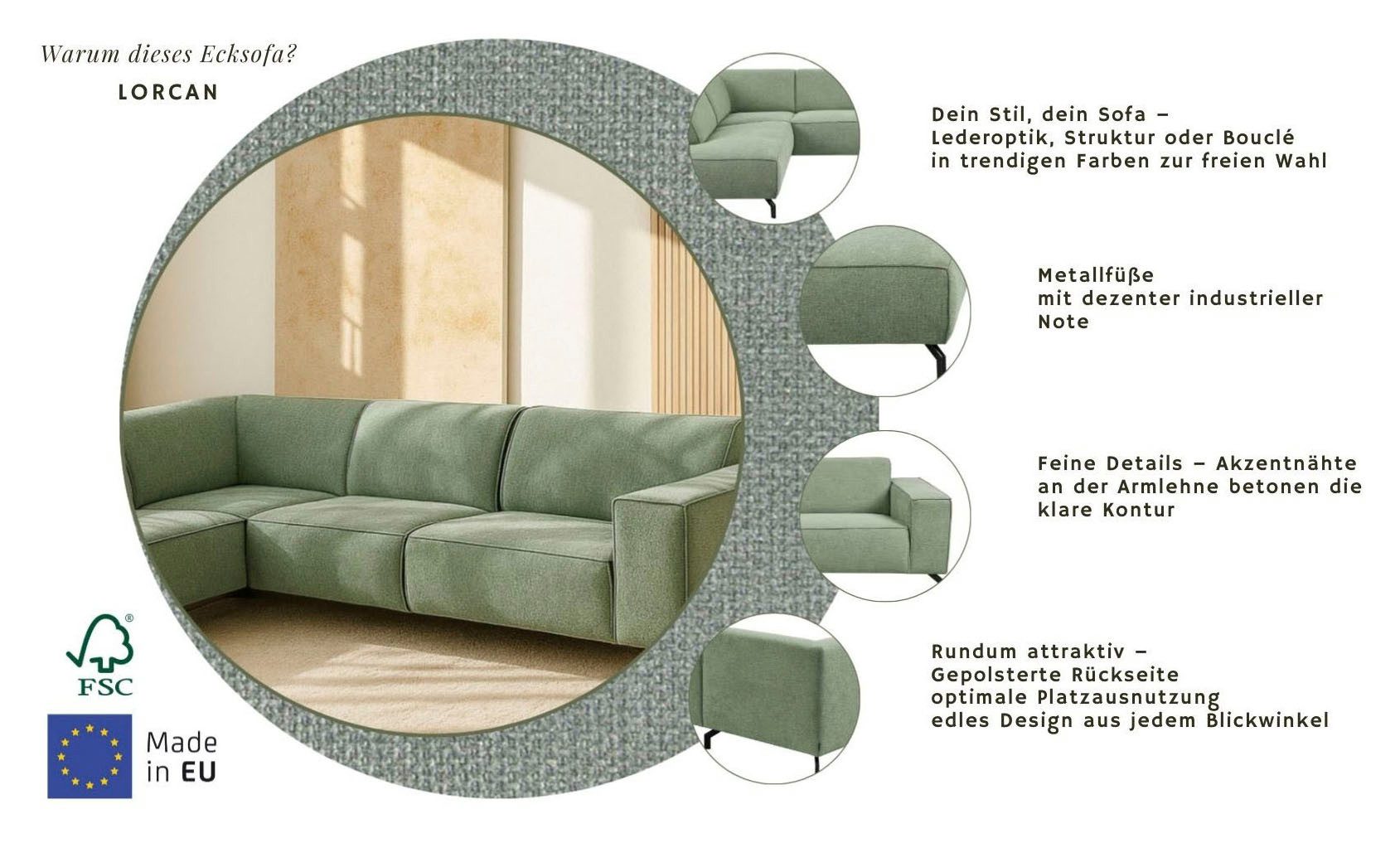 Home affaire Ecksofa LORCAN mit Metallfüßen, Breite 275 cm, weiches Sitzgefühl, Metallfüße, Lederoptik, Struktur, Bouclé