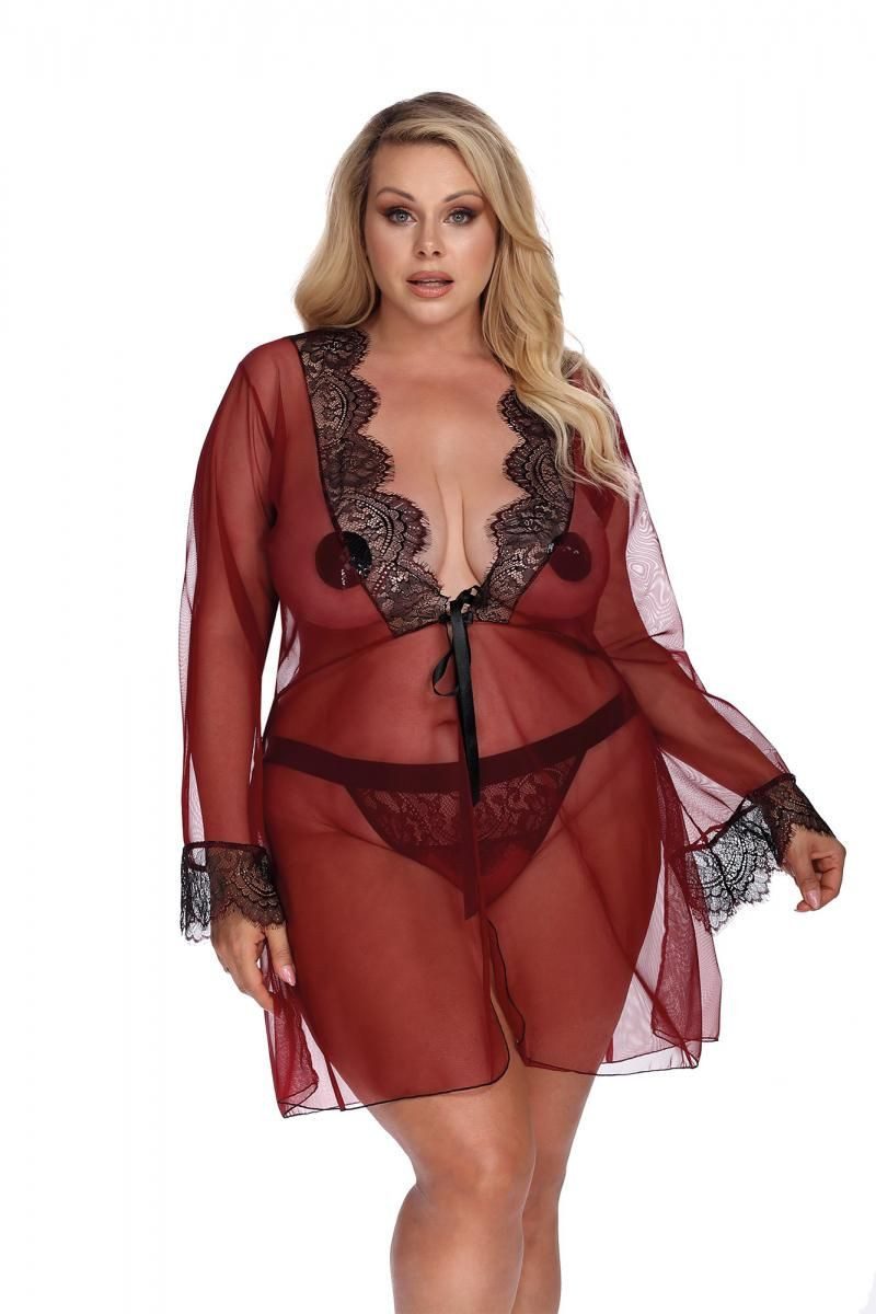 Anais Apparel Size Plus Morgenmantel Dunkelroter Dessous Morgenmantel mit Spitze und Tüll XXL Plus Size Pei