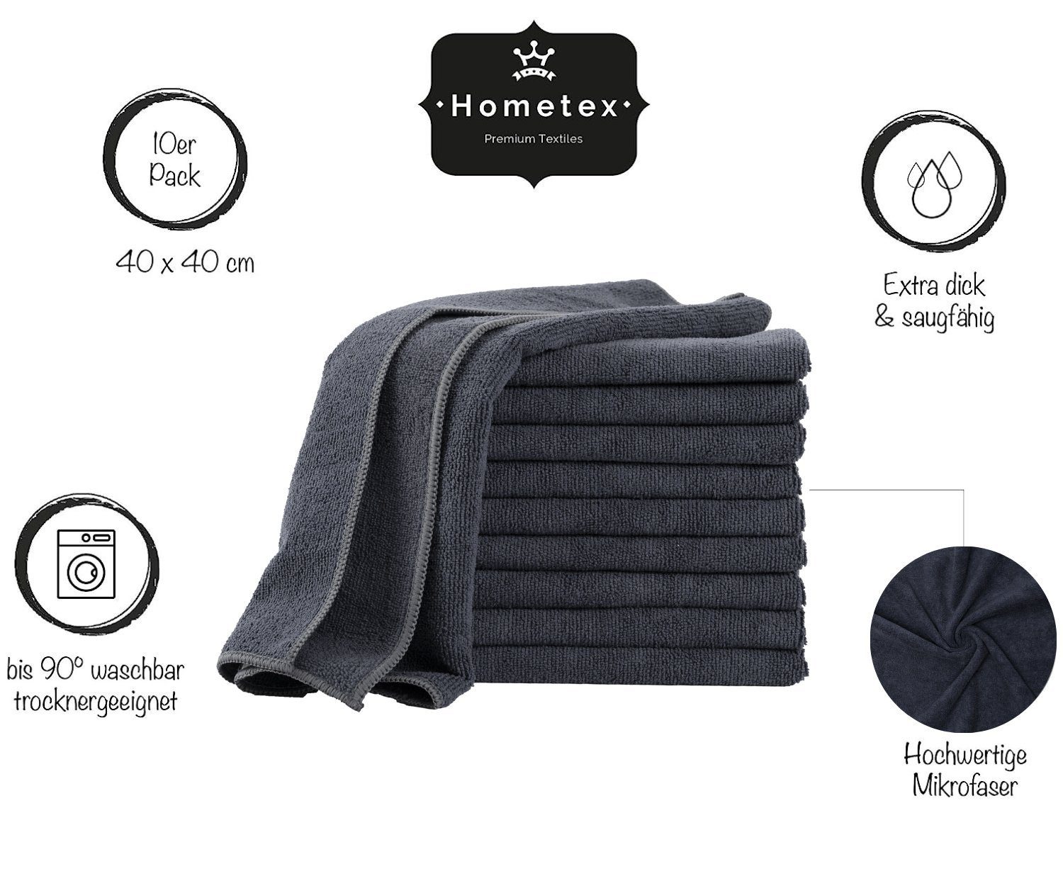 Hometex Premium Textiles Geschirrtuch Mikrofaser Reinigungstuch 40 40 x Putztuch, Autopflege, (10-tlg), und cm, Barista Anthrazit für Staubtuch Küche Ideal