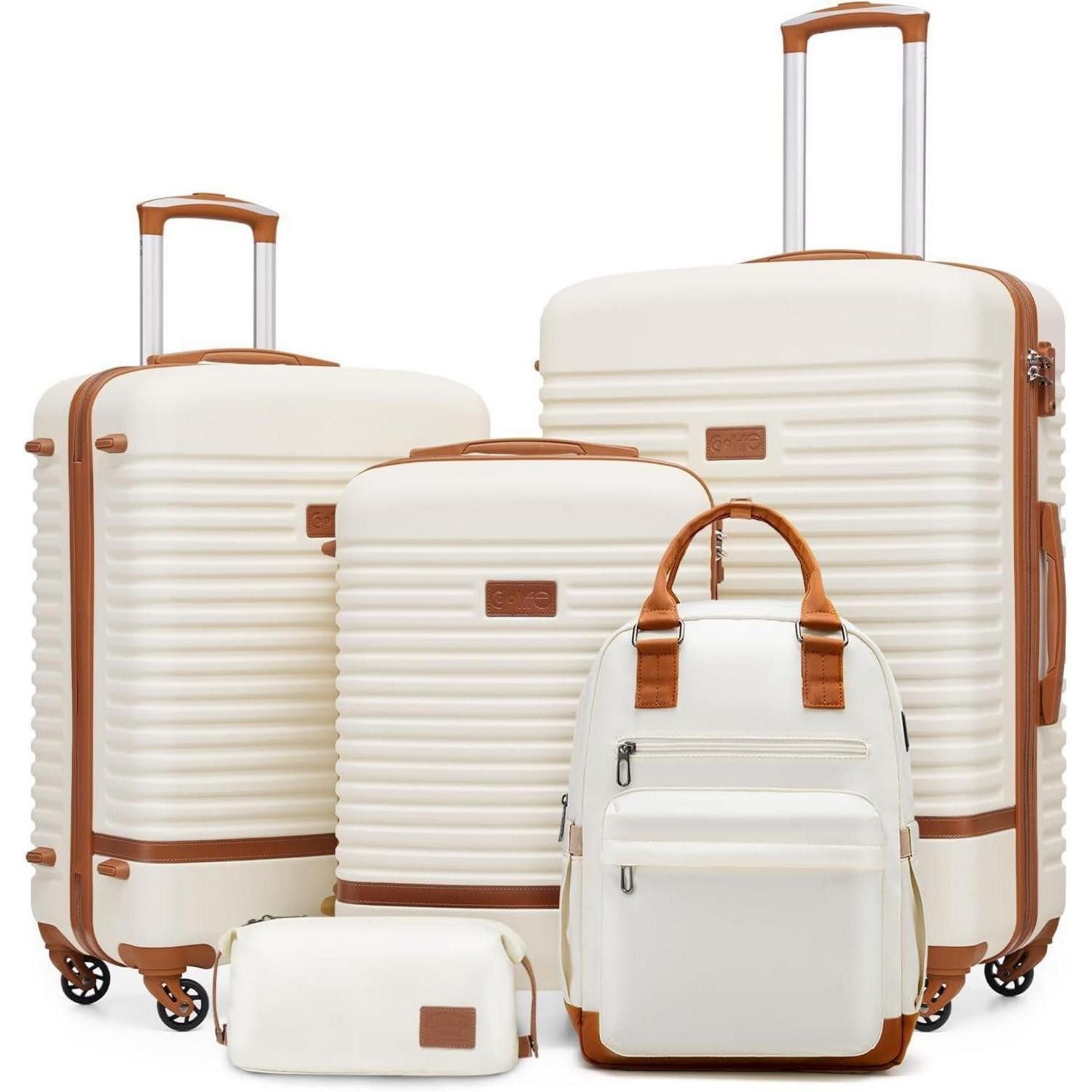 LuxusKollektion Kofferset Koffer-Set 5tlg ABS Hartschale 4 Rollen TSA-Schloss Weiß/Braun