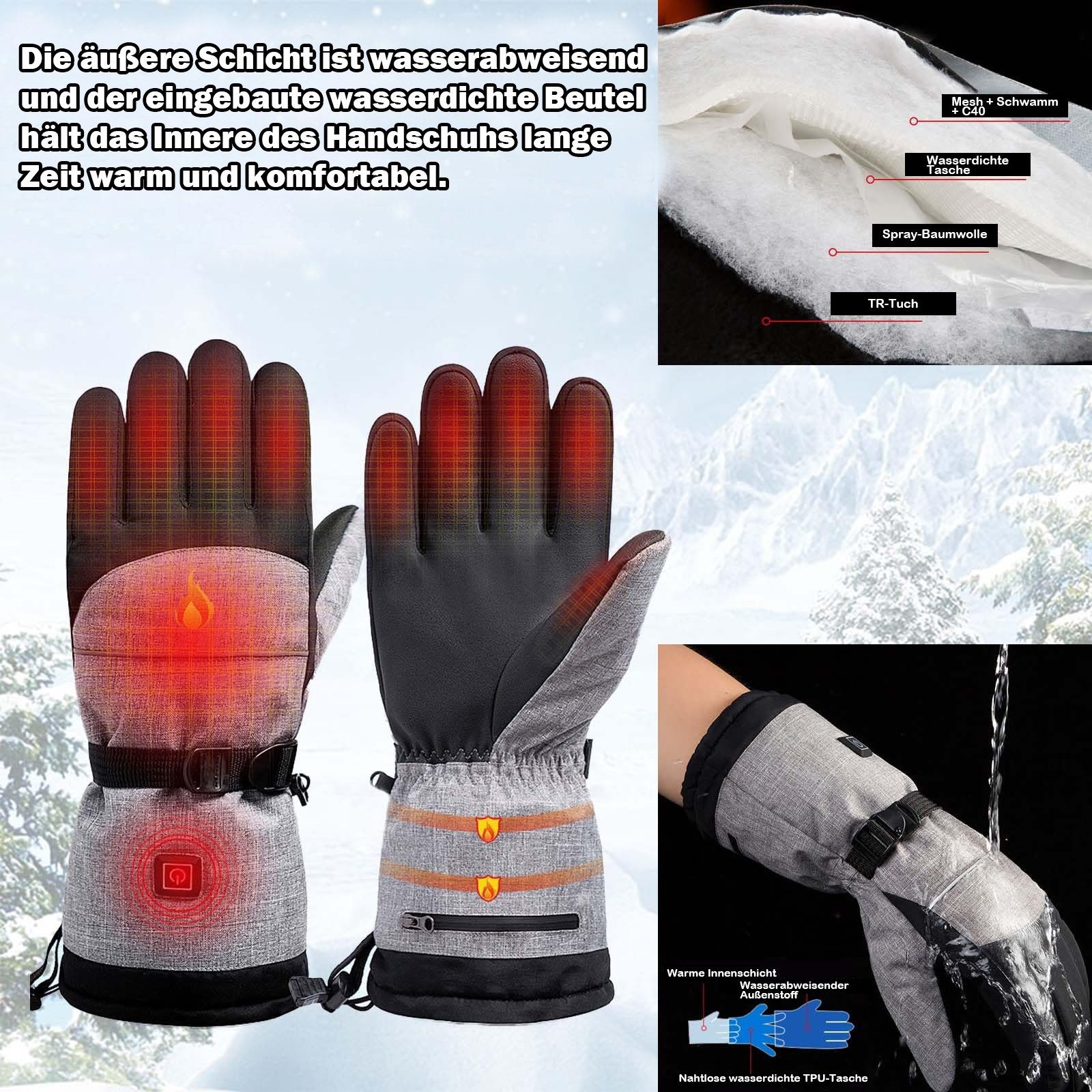 Klettern Beheizt, wasserdicht, Winter Heizstufen, Rosnek Skifahren 3 Paar) für Wandern Frauen Batterie, (1 Männer Elektriker-Handschuhe