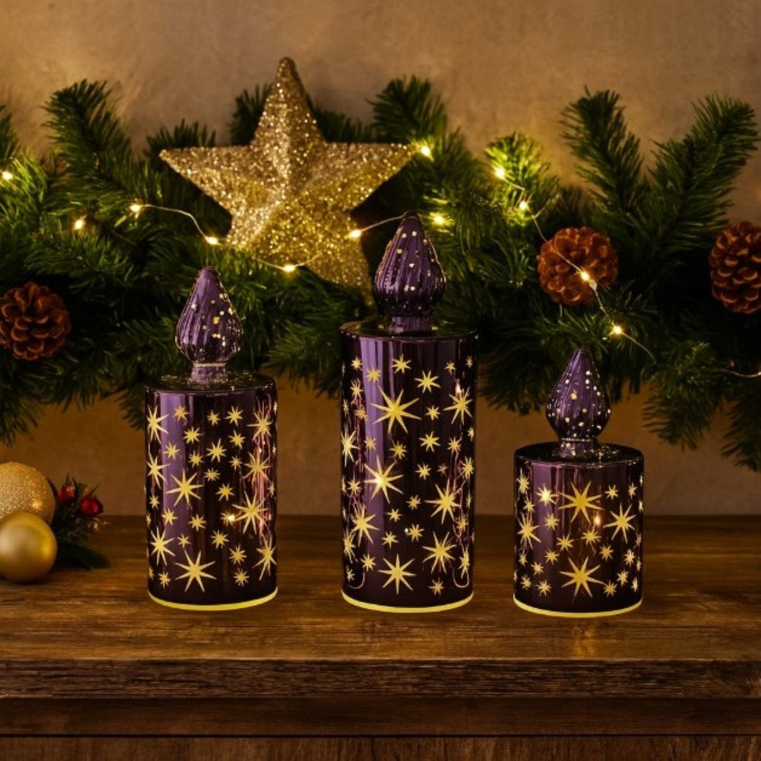 Online-Fuchs LED-Kerze 3er Set LED-Kerzen aus Glas mit Sternen, Lichterkett günstig online kaufen