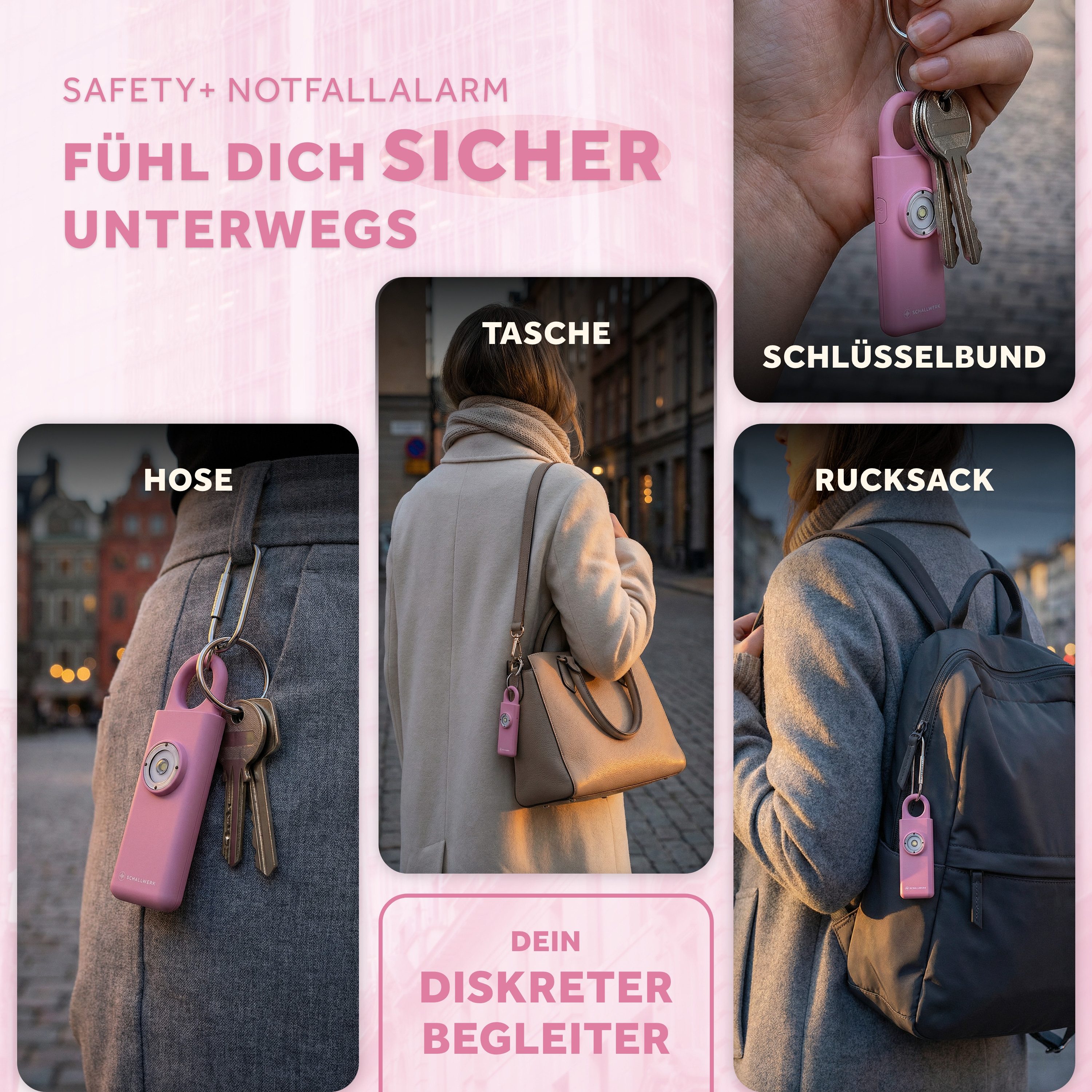 Schallwerk Taschenanhänger Taschenalarm für Selbstverteidigung & Sicherheit Lauter Alarm, LED-Stroboskoplicht, Schlüsselanhänger, für Frauen