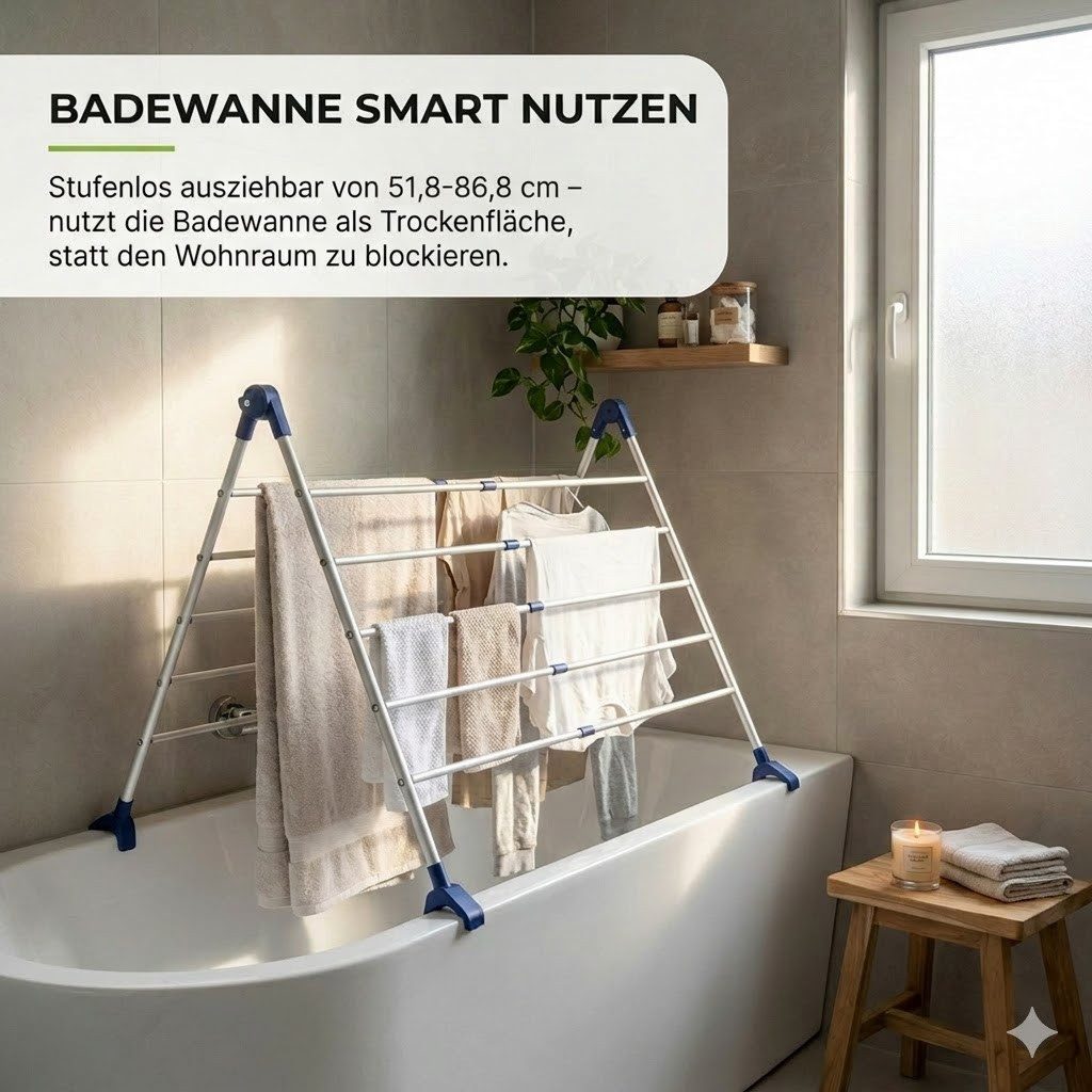 Gardissimo Badewannen-Wäscheständer Tumby XL ausziehbar Badewannen Wäschetrockner Wäscheständer, stufenlos ausziehbar / dicke Wäschestreben