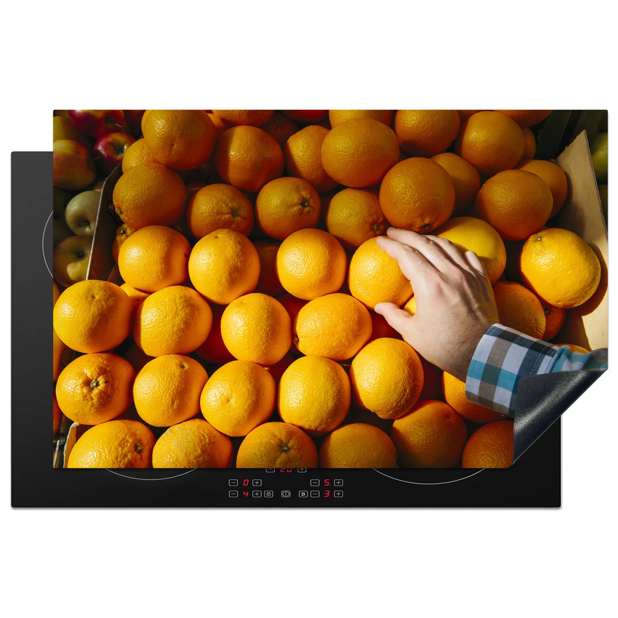 MuchoWow Herdblende-/Abdeckplatte Orange - Hand - Obst - Markt, Vinyl, (1 tlg), 81x52 cm, Induktionskochfeld Schutz für die küche, Ceranfeldabdeckung