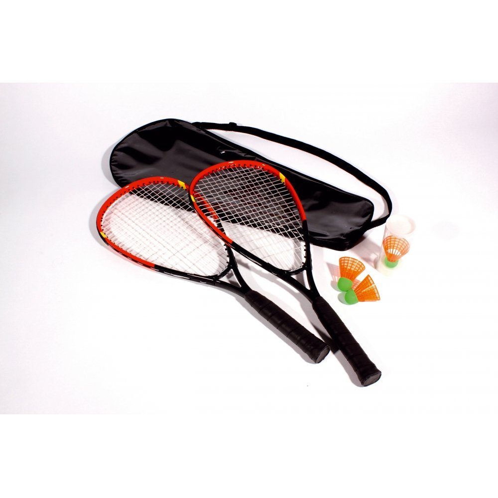 Bandito Badmintonschläger Speed-Badminton Set, (Set, 6-tlg., 2 Alu Schläger,  3 High-Speed Federbälle, Umhängetasche), Mittelharte Bespannung mit  langlebiger original Lawntex-Saite