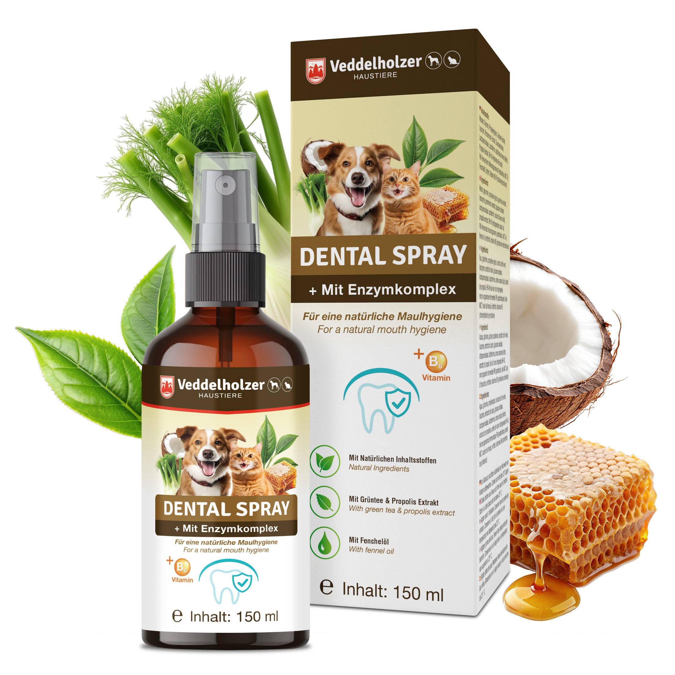 Veddelholzer Tier-Zahnpflegeset 150 ml Dentalspray Set für Hunde & Katzen mit Fingerzahnbürste, (Enzymkomplex Zahnpflege Zahnsteinentferner) effektiv gegen Mundgeruch natürliche Zahnpflege als Spray