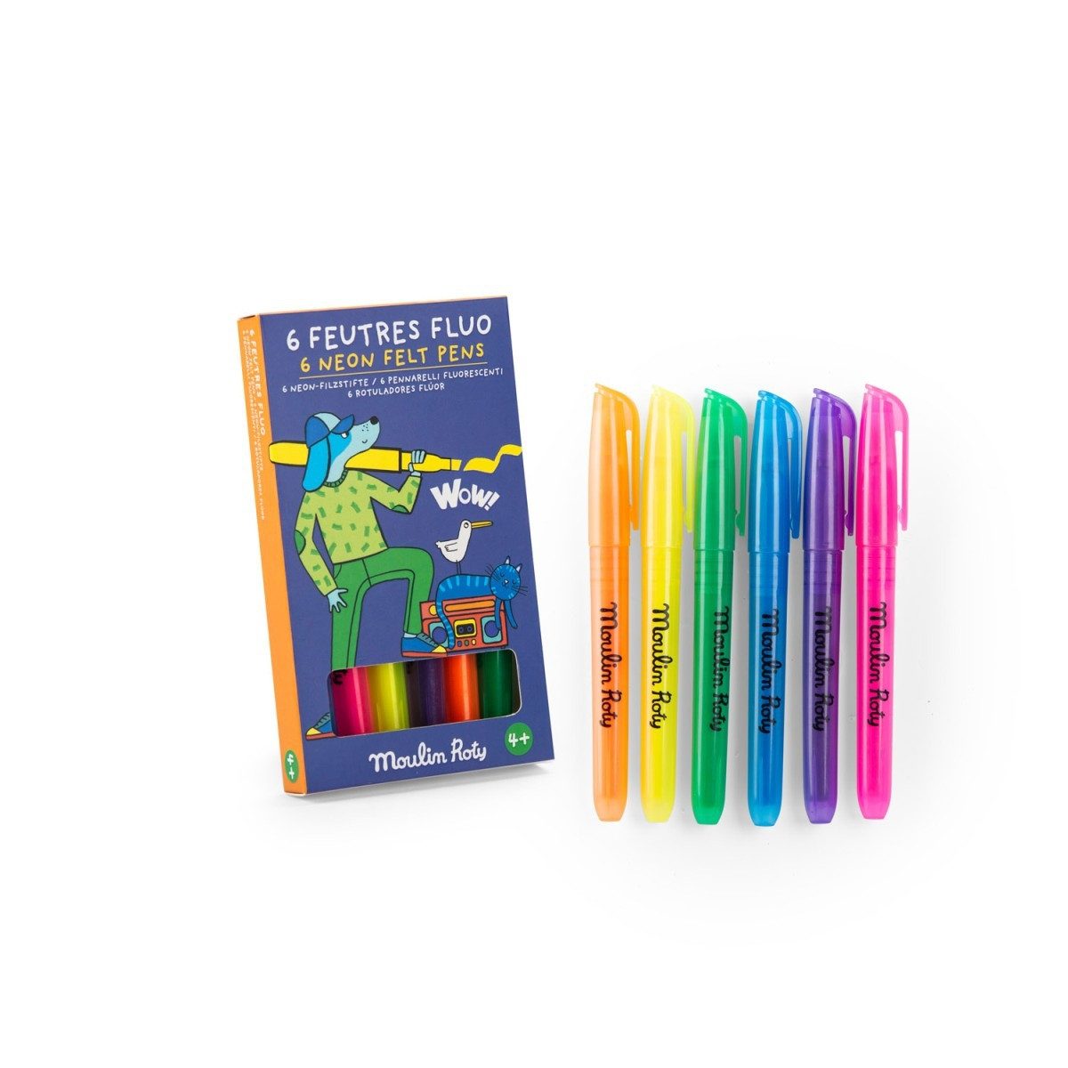 Moulin Roty Filzstift 6 Neon-Filzstifte für Kinder ab 4 Jahren, fluoreszierende Farben