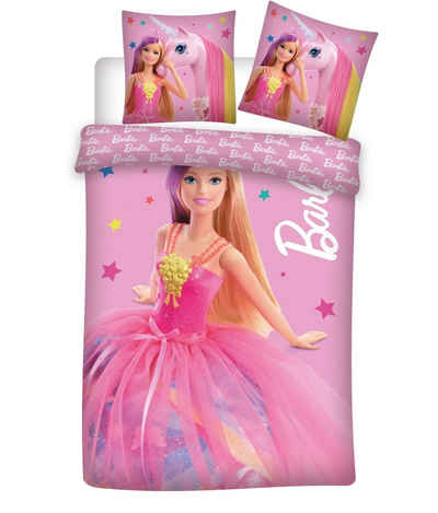Kinderbettwäsche Barbie mit Einhorn Mädchen Wende Bettwäsche 135 x 200 cm 100%Baumwolle, AY!Max