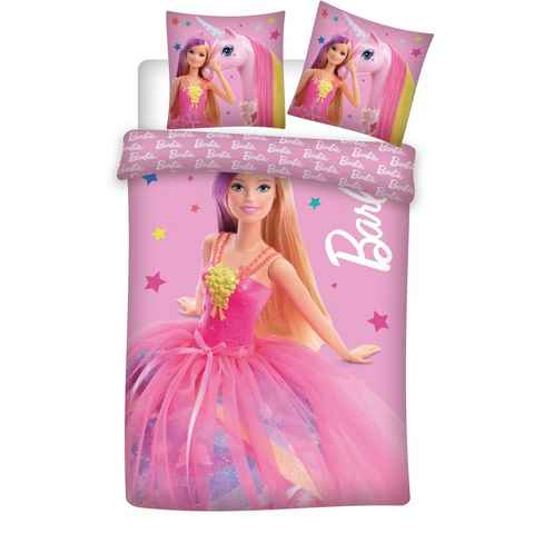 Kinderbettwäsche Barbie mit Einhorn Mädchen Wende Bettwäsche 135 x 200 cm 100%Baumwolle, AY!Max