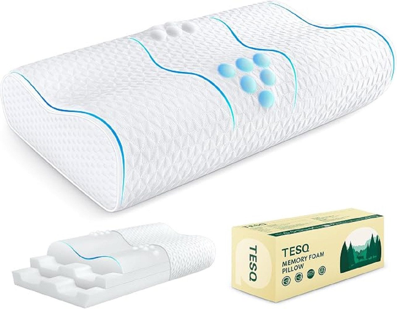 TESQ Nackenkissen Ergonomisches Nackenstützkissen Memory-Schaum höhenverstellbar, Höhenverstellbares Memory-Schaum-Nackenstützkissen für Schlafpositionen, Ergonomisches Memory-Schaum-Nackenkissen mit 3 Schichten, 3-Schicht-Aufbau, herausnehmbare Schaumschicht, Memory-Schaum