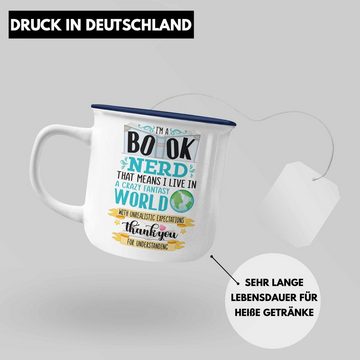 Trendation Thermotasse Trendation - Lesen KaffeeEmaille Tasse Leseratte Geschenkidee Buch Leser Emaille Tasse mit Spruch Bücherwurm