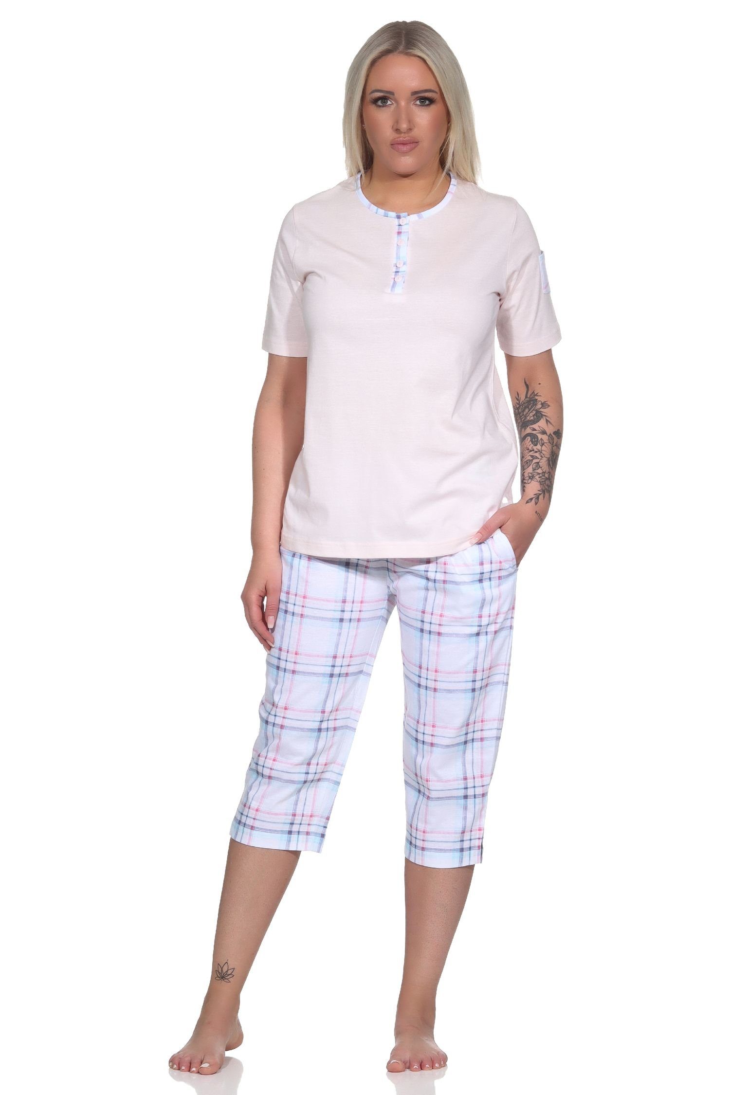 Normann Pyjama Damen Schlafanzug kurzarm mit karierter Capri Hose aus Jersey rosa