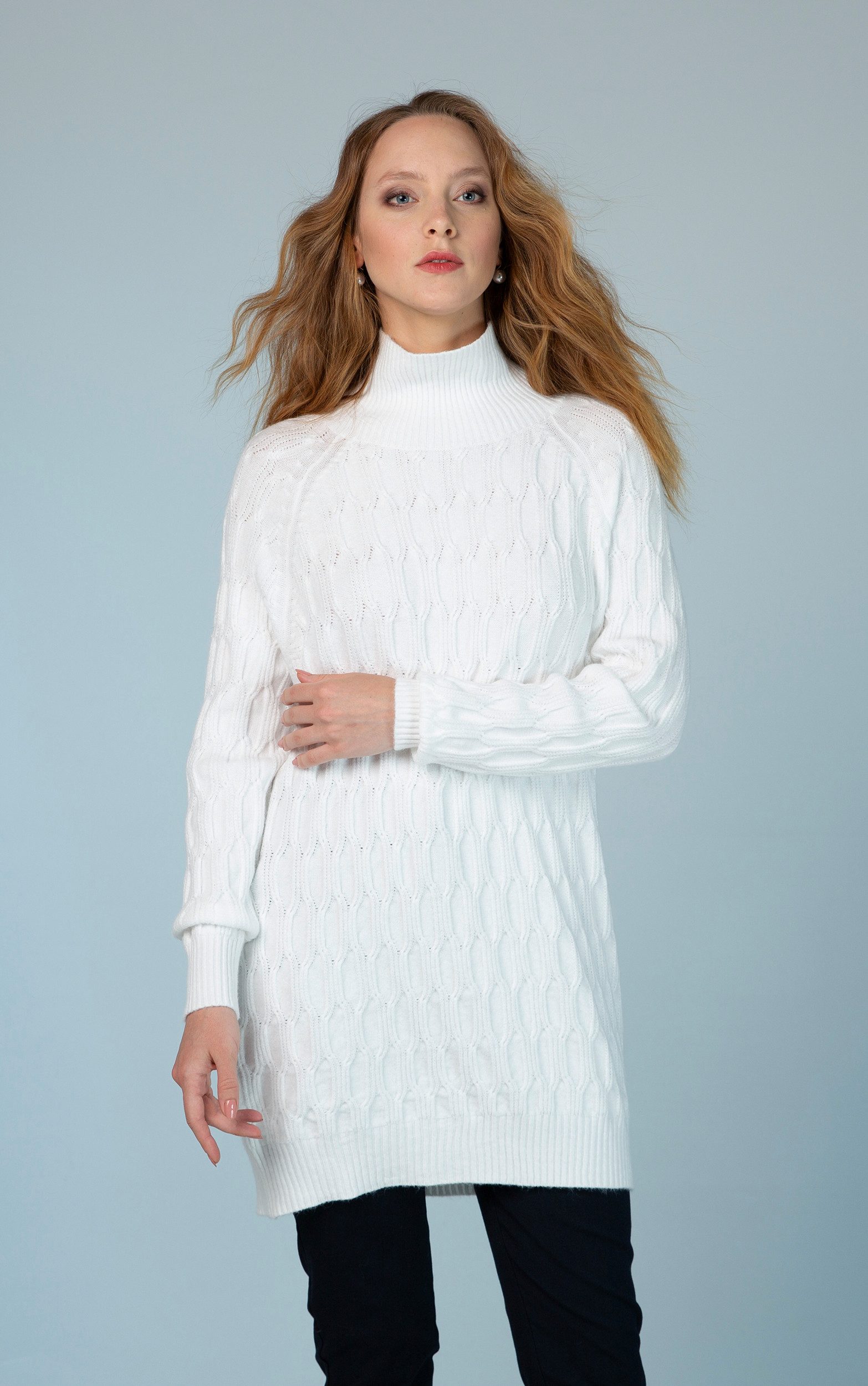 Passioni Strickkleid Langer Pullover mit Zopfmuster günstig online kaufen
