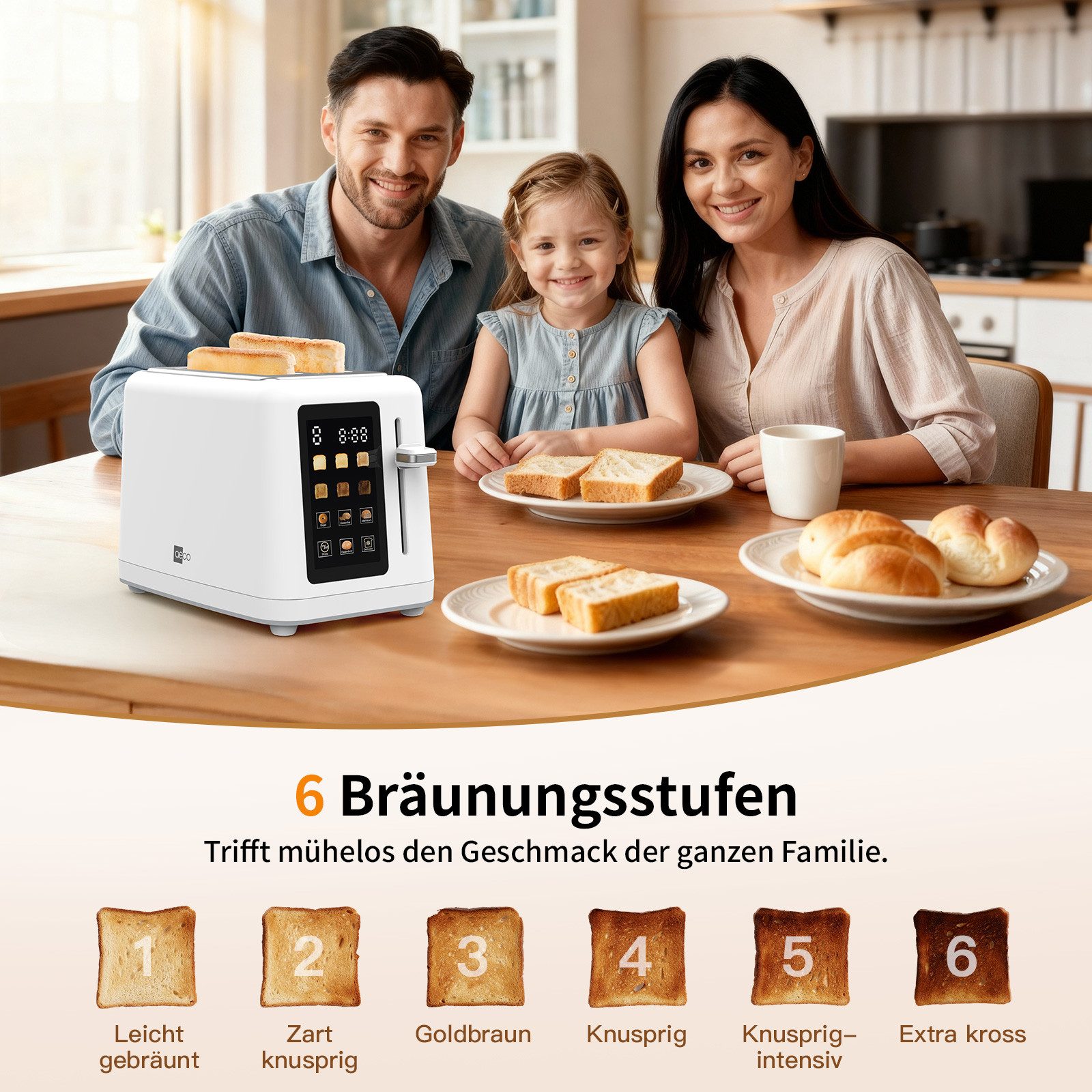 AECO Toaster toastlab MAX - white Touch LED Display, Zwei extra große Toastschlitze, für verschiedene Brotsorten, 850 W, Bräunungsstufen,LED-Display,Auftaufunktion