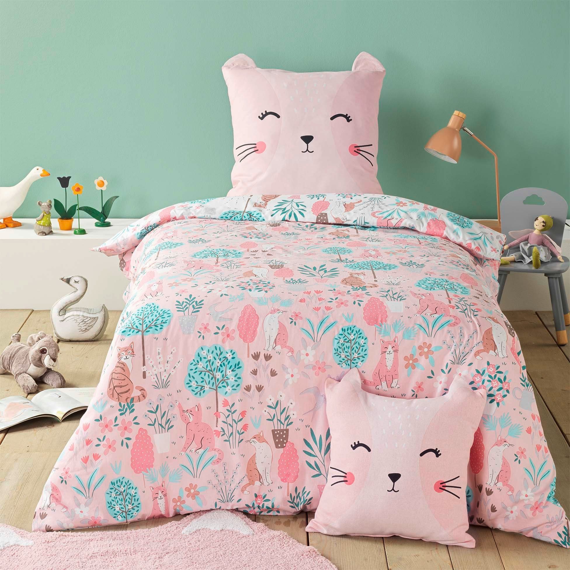 Bettwäsche, dynamic24, Baumwolle, 2 teilig, 2tlg. Mädchen Kinder  Kissenbezug 140x200 Baumwolle rosa Kätzchen